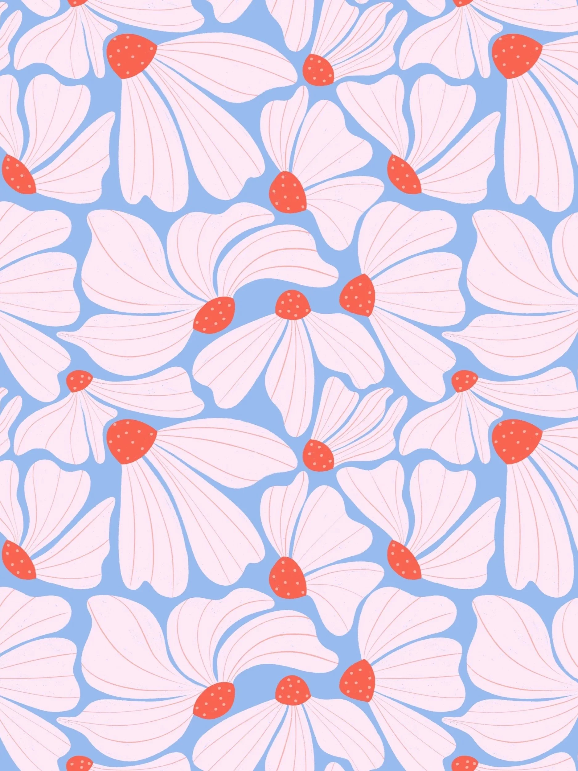 A pattern of white flowers with pinkish veins and red centres on a light blue background.
