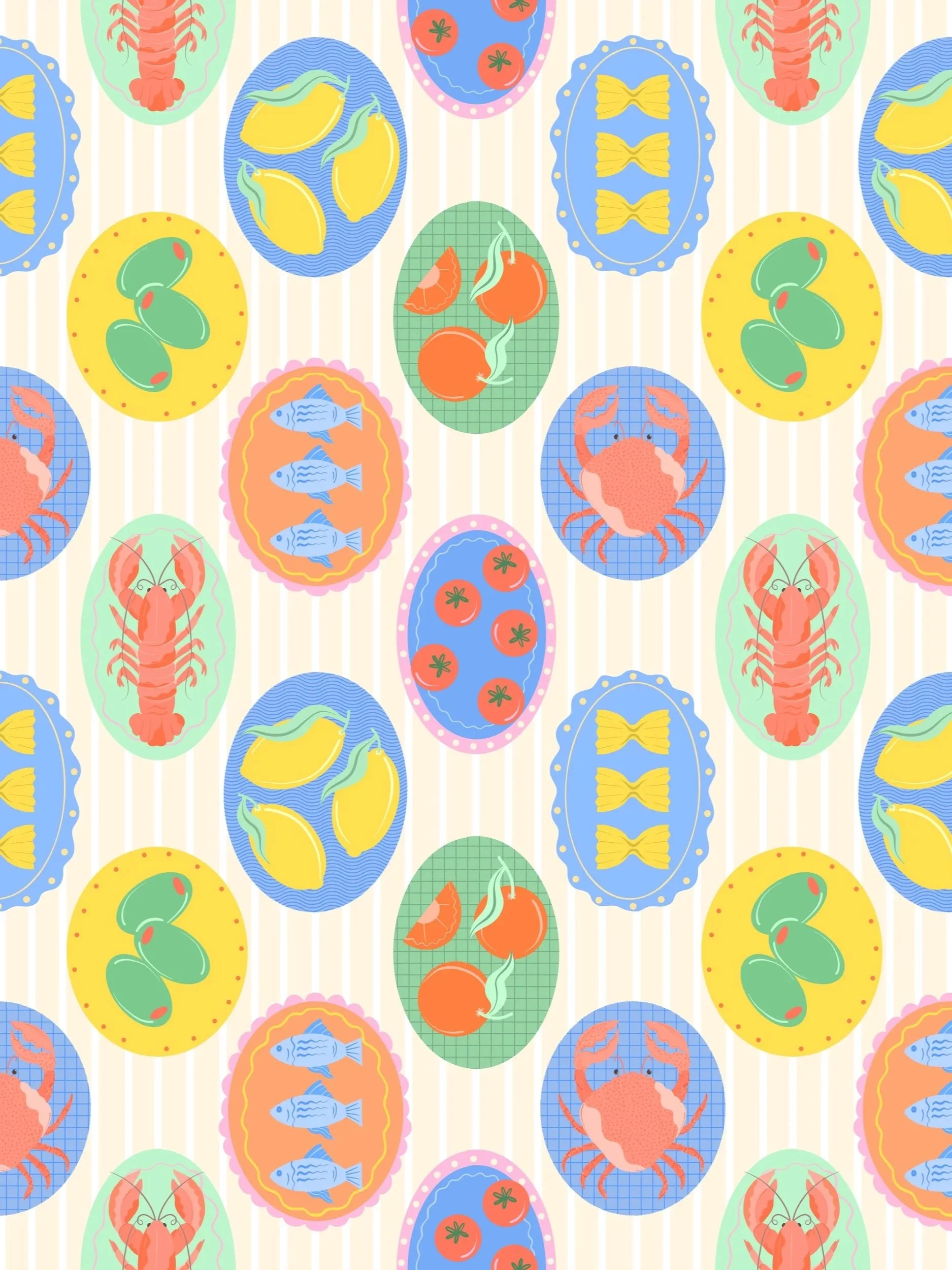 Pattern of colourful oval-shaped illustrations of various seafood and vegetables, including crabs, lobsters, fish, tomatoes, and peppers, on striped backgrounds.
