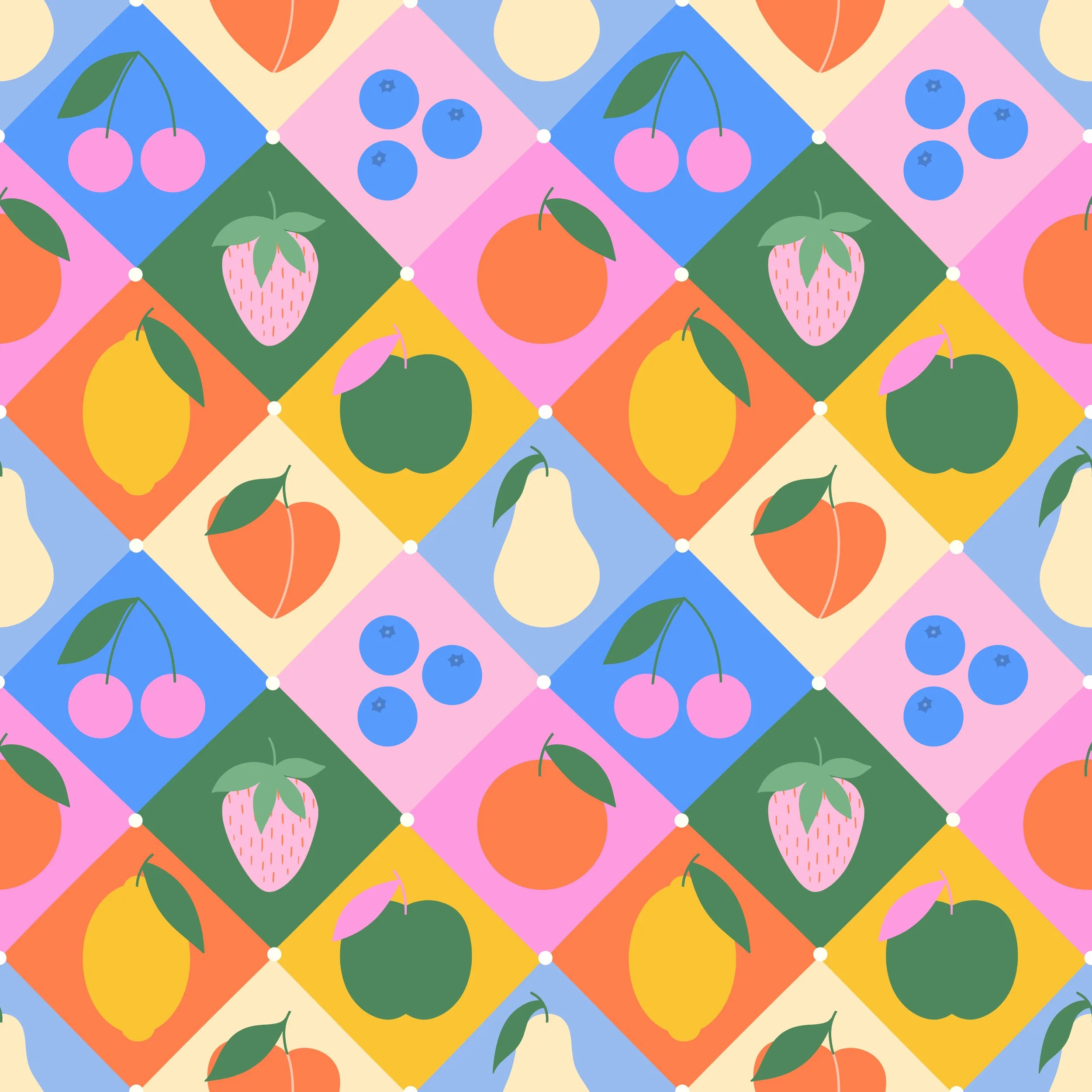A colourful pattern of various fruits including cherries, strawberries, blueberries, peaches, lemons, green apples, and pears arranged in a diamond grid design with pastel colored background squares.