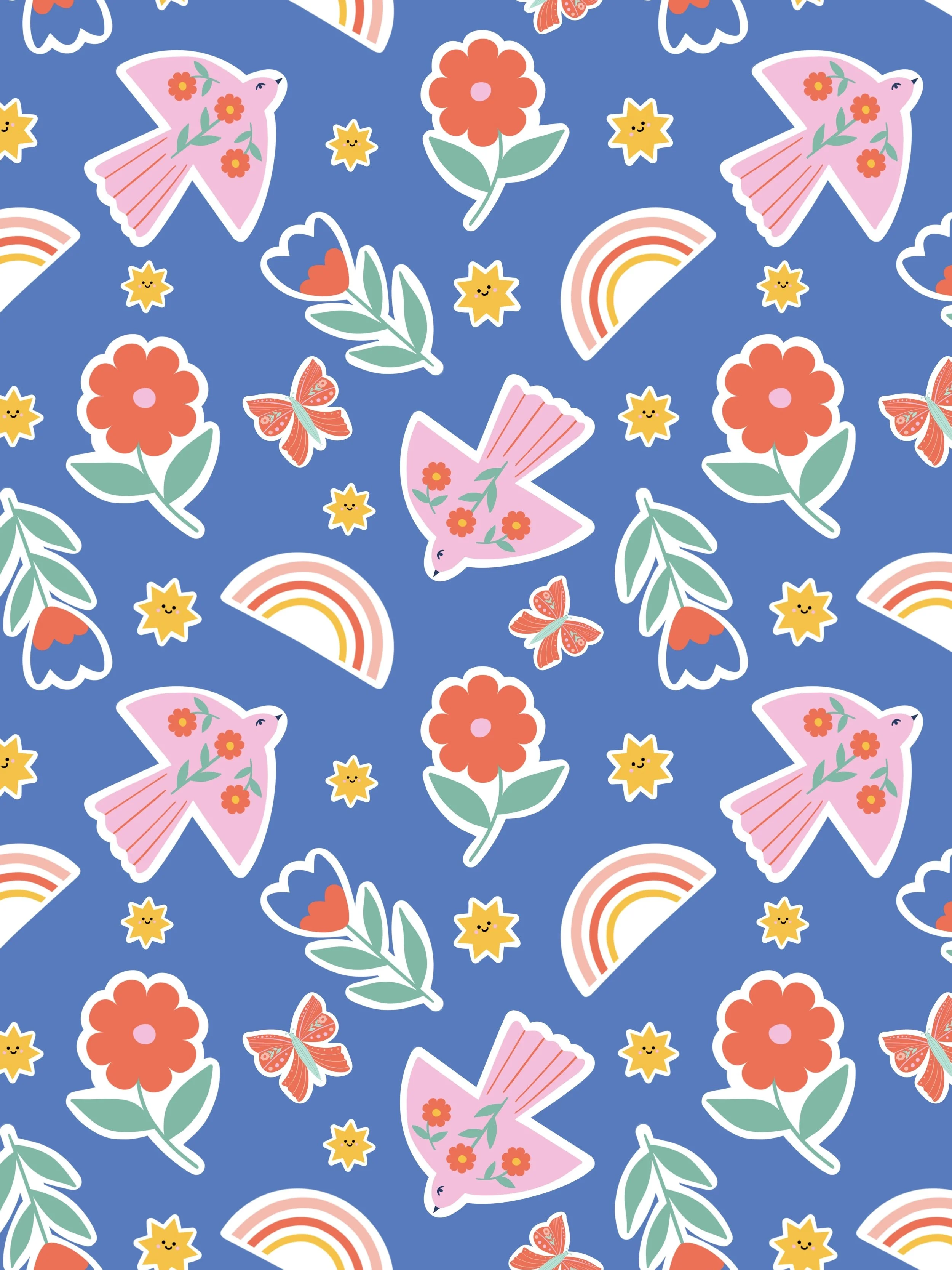 Pattern with pink birds, red flowers, yellow stars, rainbows, and butterflies on a blue background.