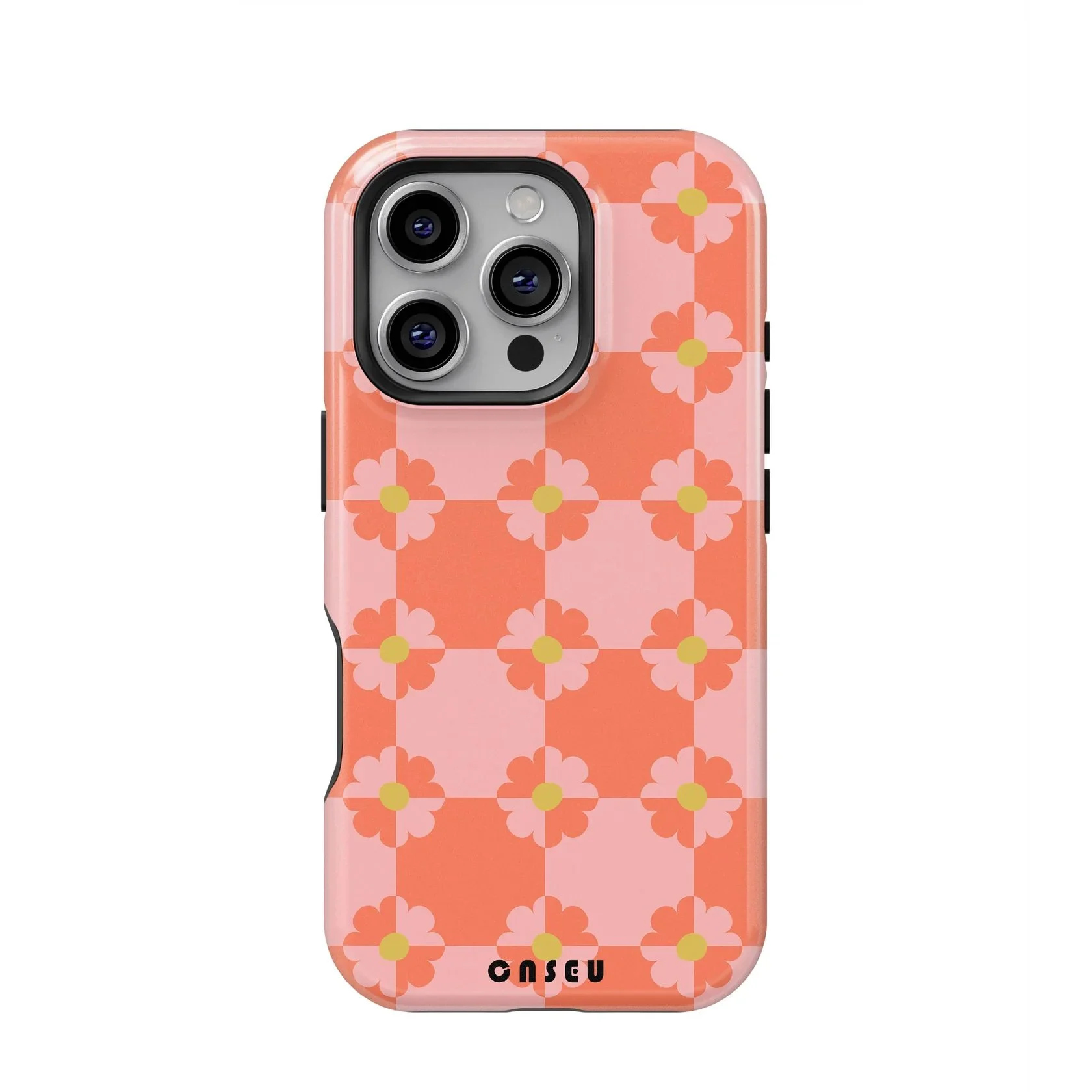 iPhone with a pink and orange floral patterned phone case featuring a checkered design of flowers.