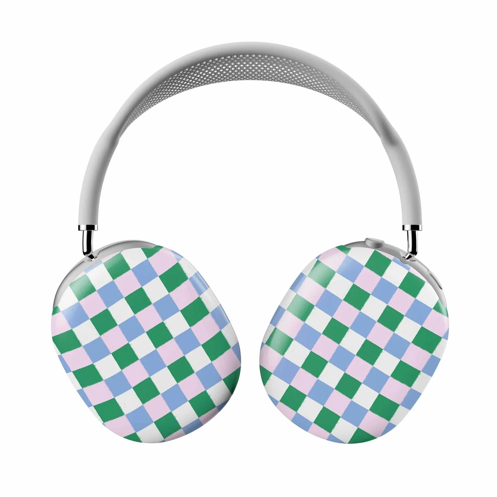 Over-ear headphones with a checkered pattern in green, blue, white, and pink on the ear cups and a white headband.