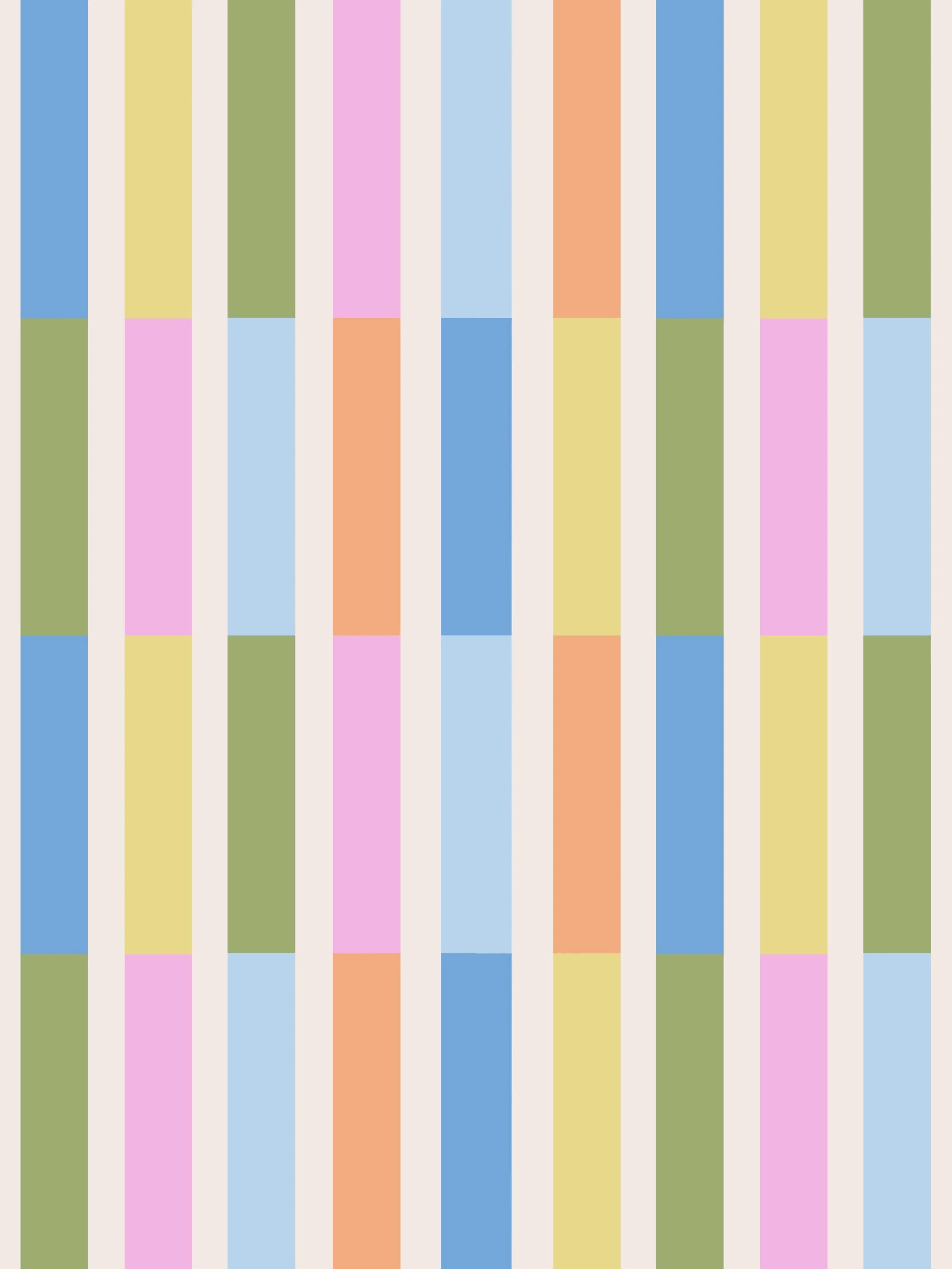 A colourful pattern of vertical stripes in pastel shades of yellow, pink, blue, green, and orange.