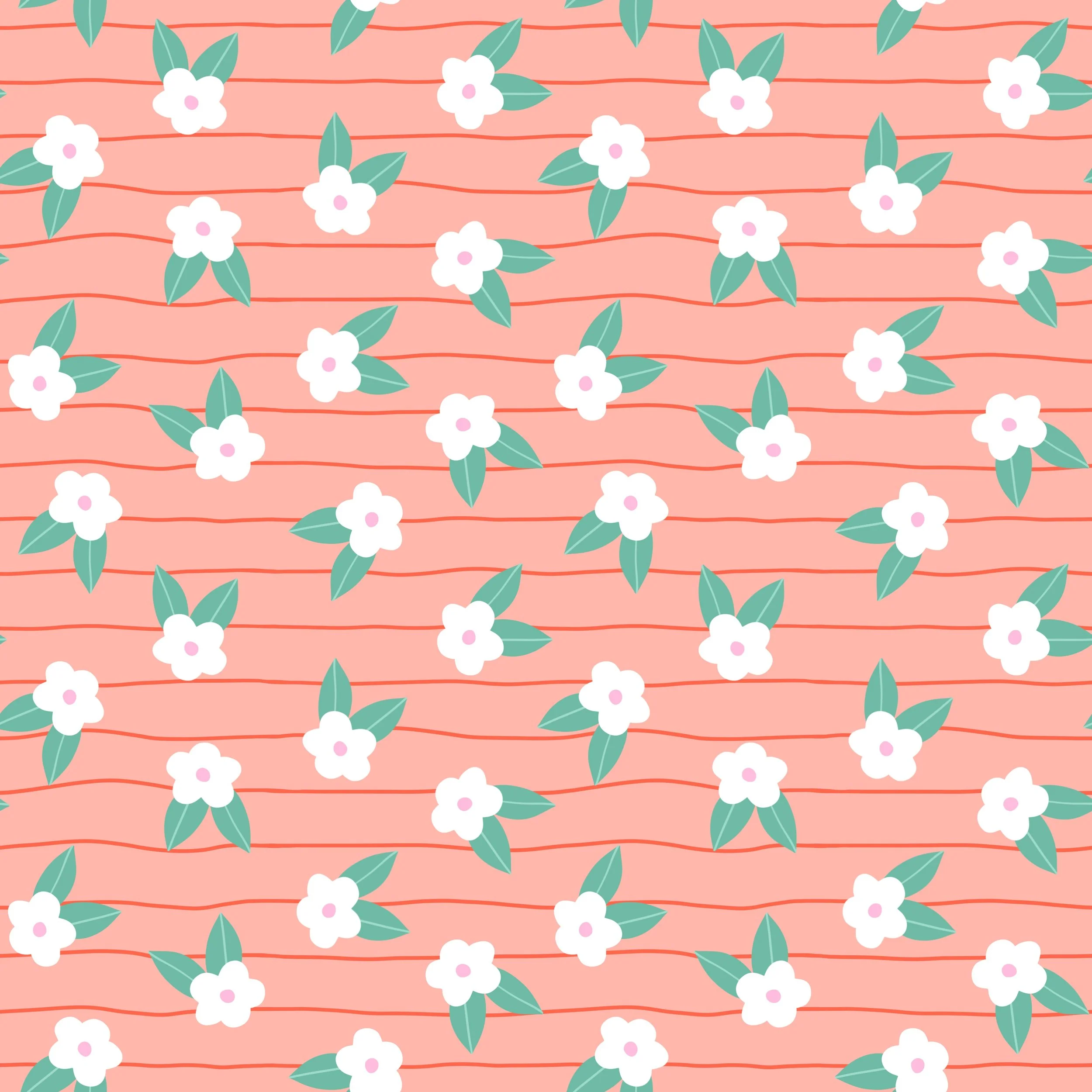 A seamless pattern of white flowers with pink centres and green leaves, on a peach-coloured background with horizontal orange lines.
