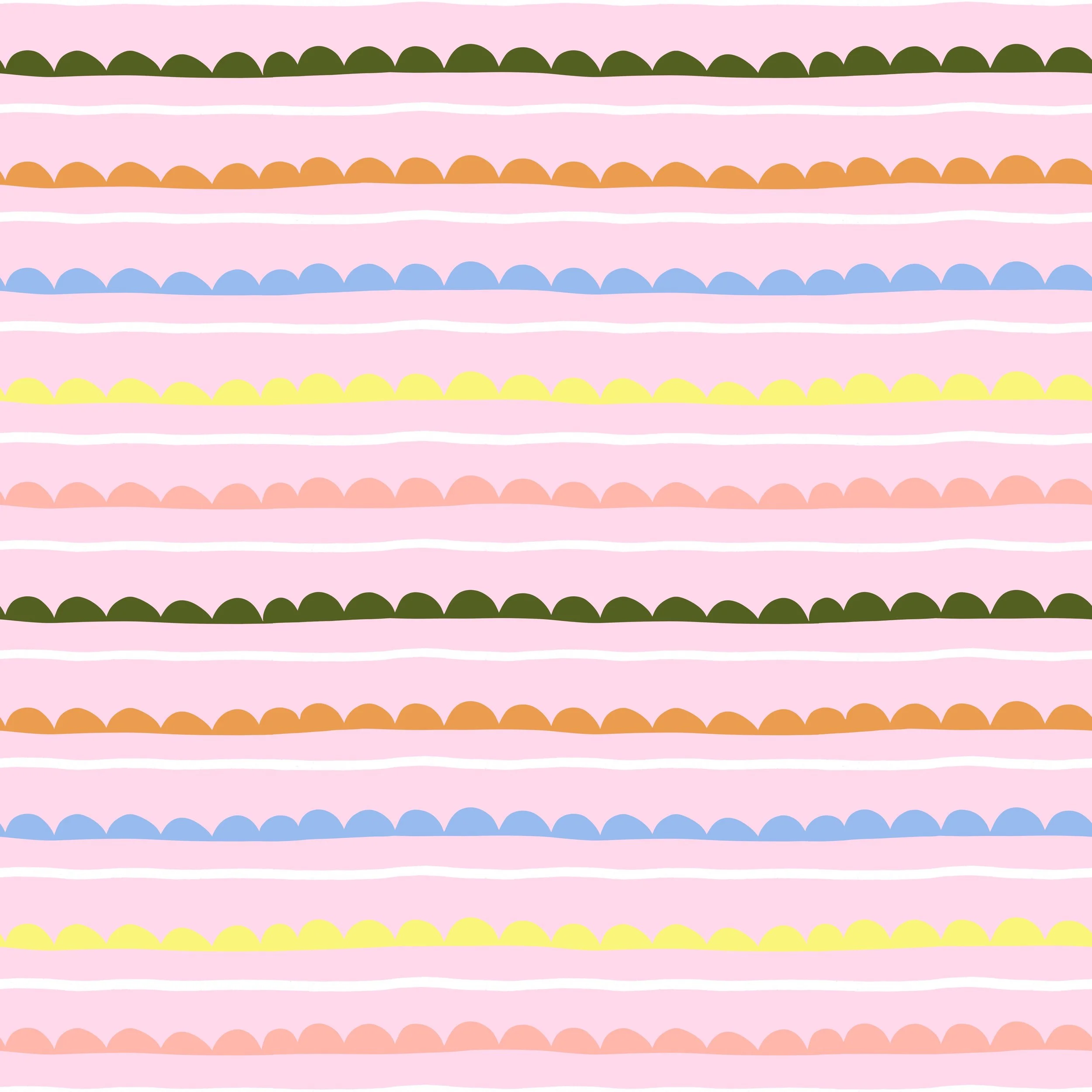 A colourful, patterned background with horizontal rows of scalloped shapes in various pastel colours and green, pink, blue, yellow, orange, and peach on a pink background.