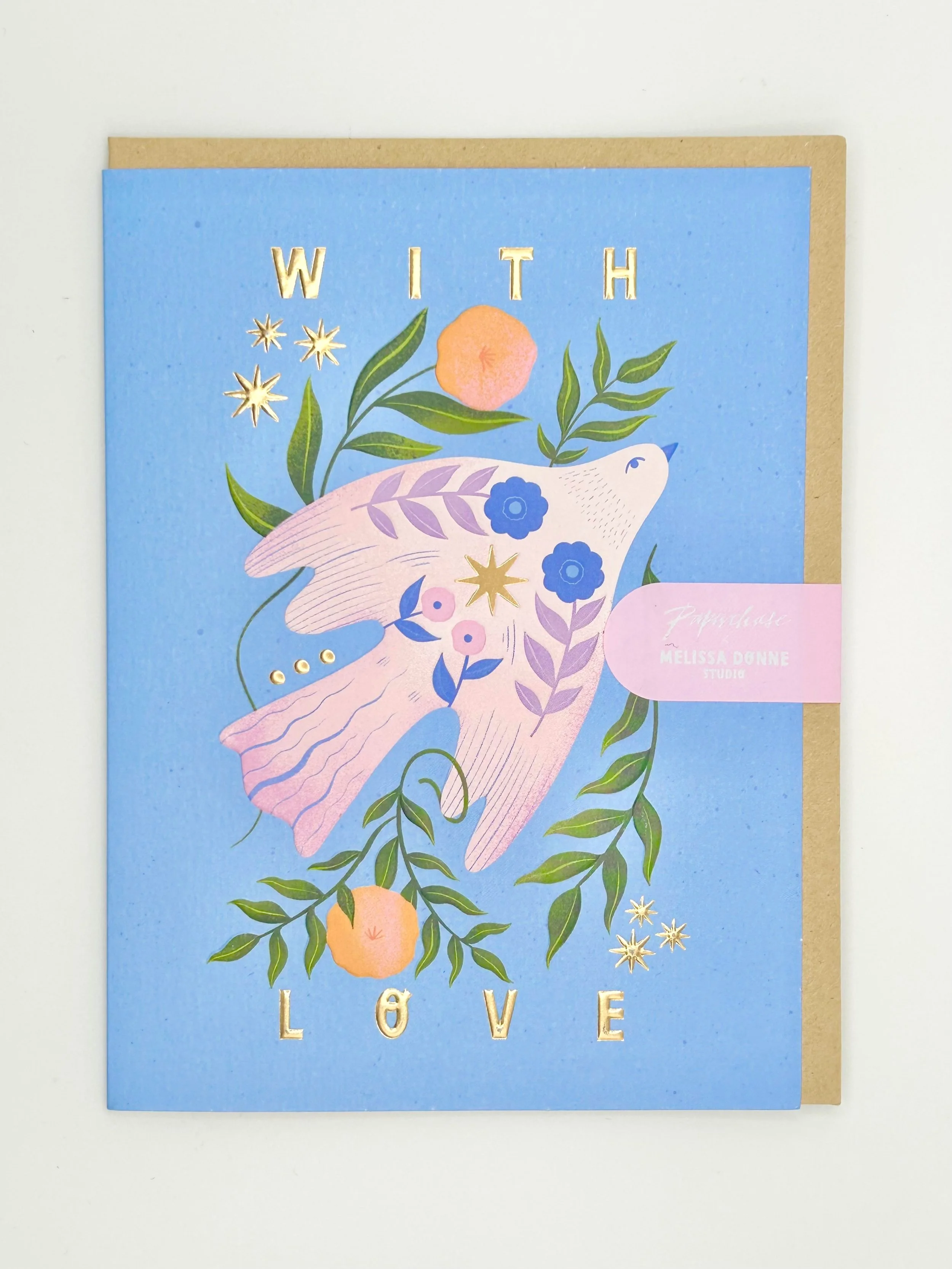 Greeting card with the words 'With Love' in gold letters, featuring a pink bird surrounded by flowers, leaves, and gold stars on a blue background.