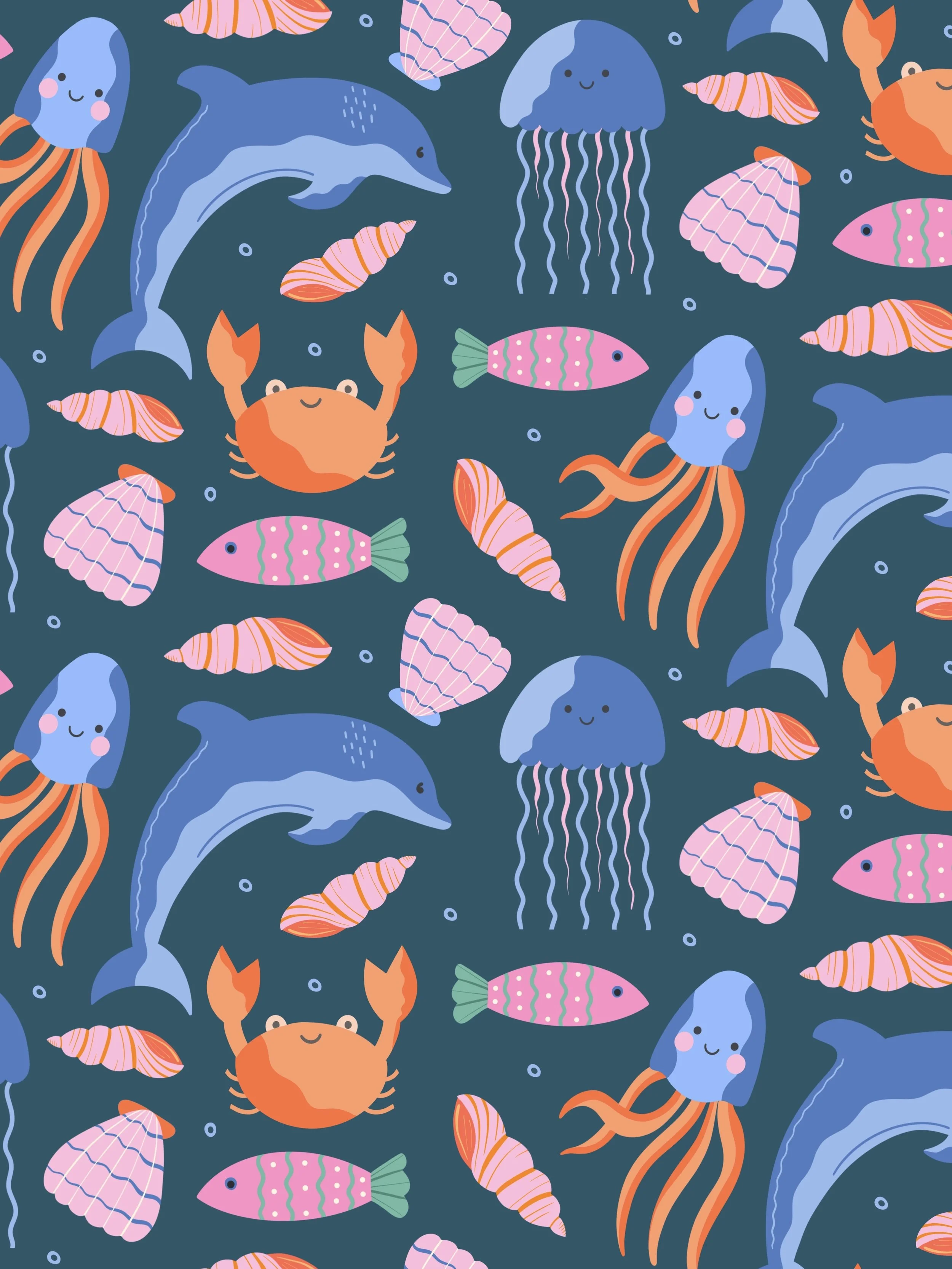 Pattern featuring cartoon-style marine animals including dolphins, jellyfish, crabs, octopuses, and various seashells on a navy blue background.