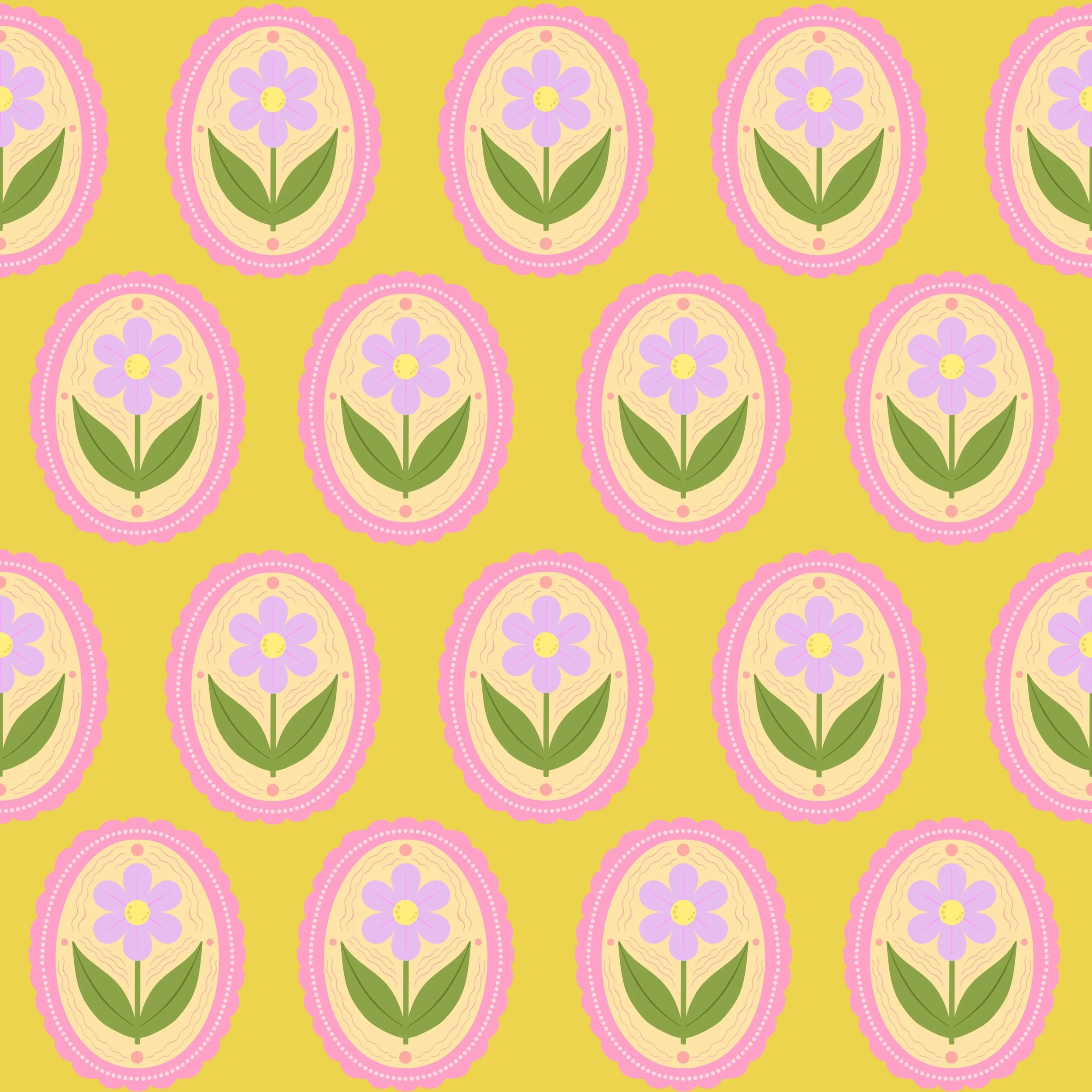 Repeat pattern of pink and purple flowers inside ornate oval frames on a yellow background.