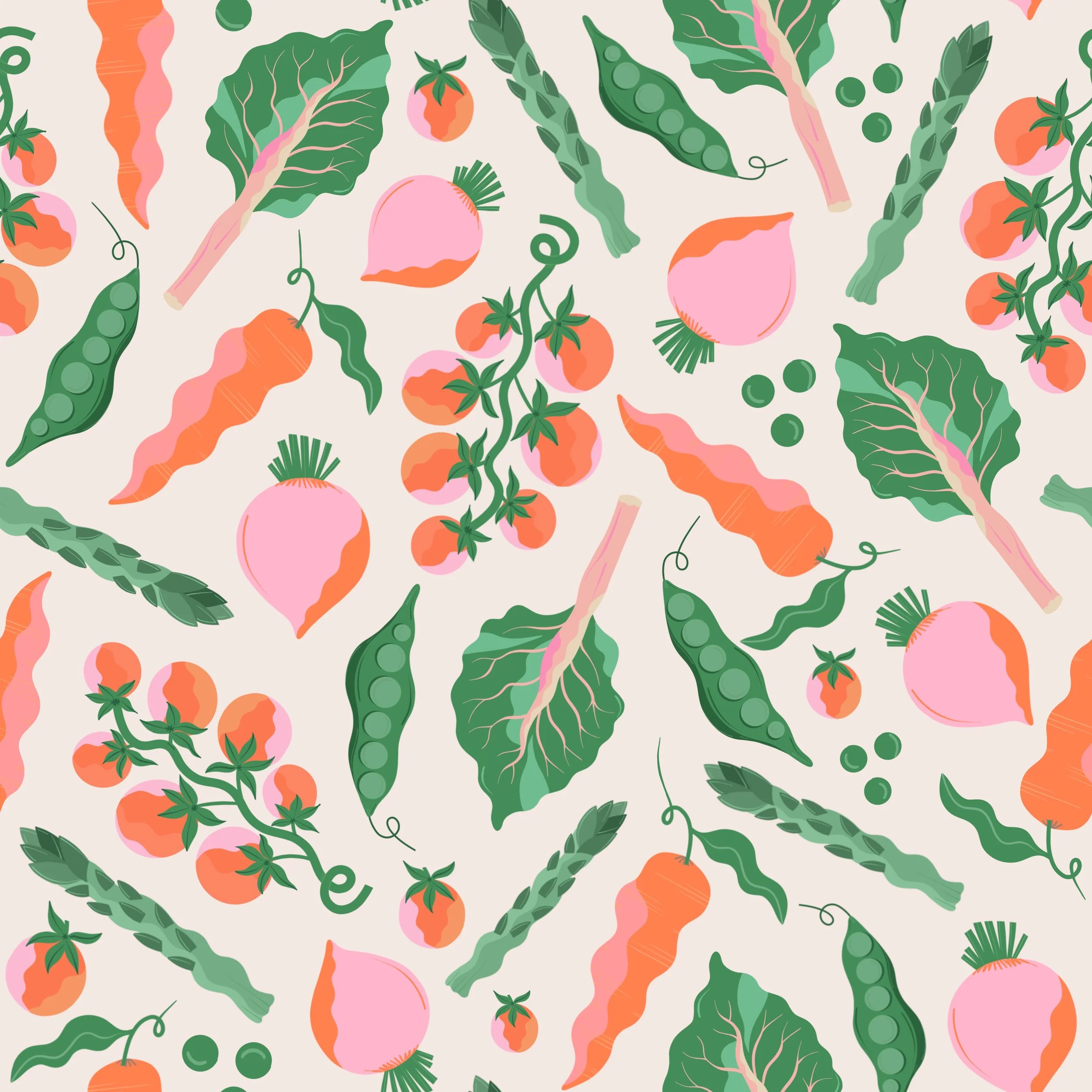 Pattern of various vegetables including carrots, peas, tomatoes, radishes, and leafy greens, arranged randomly on a light background.