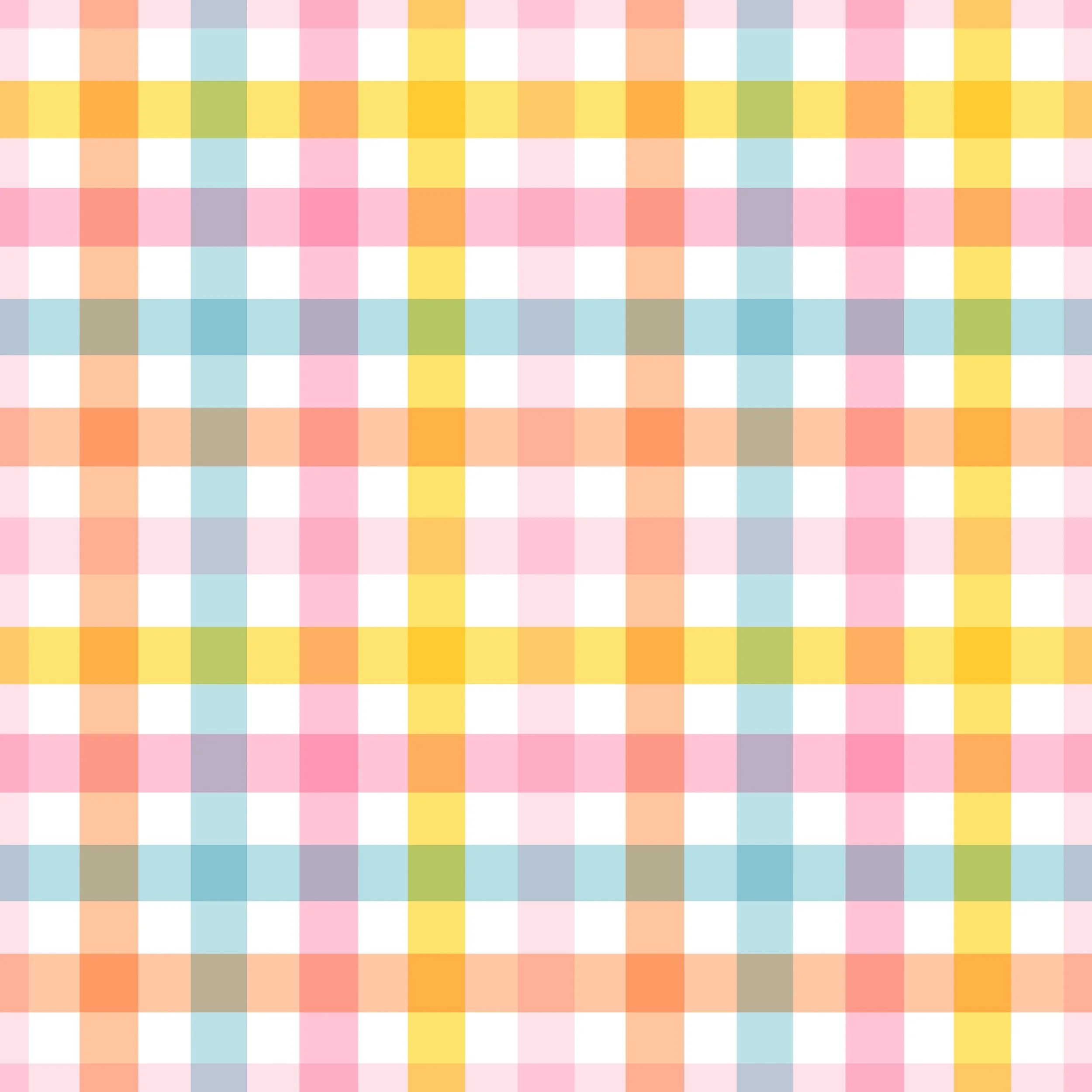 Colourful pastel plaid pattern with intersecting lines of pink, blue, yellow, green, orange, and purple.