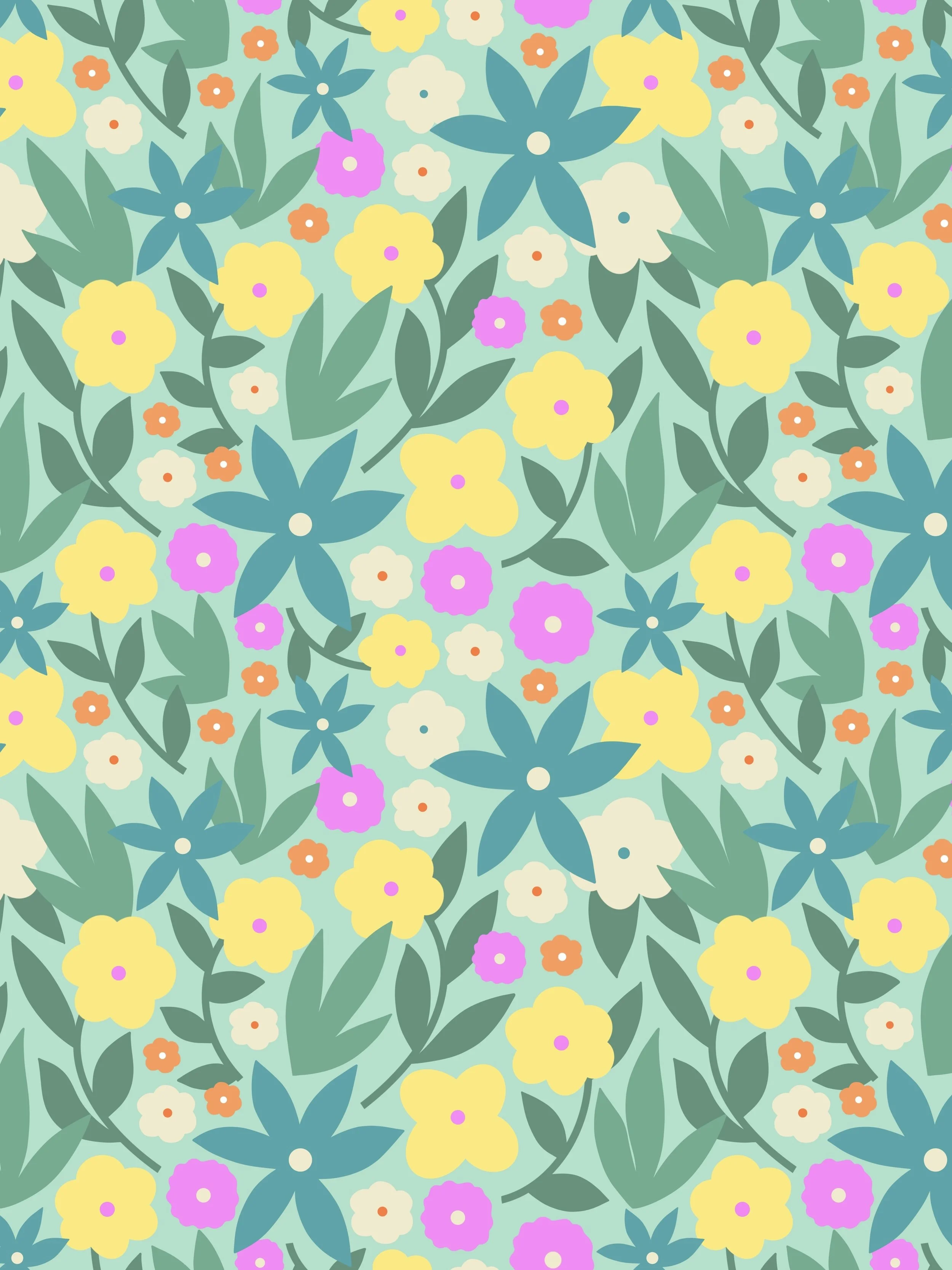 A colourful floral pattern with yellow, pink, orange, and white flowers and green leaves on a light teal background.