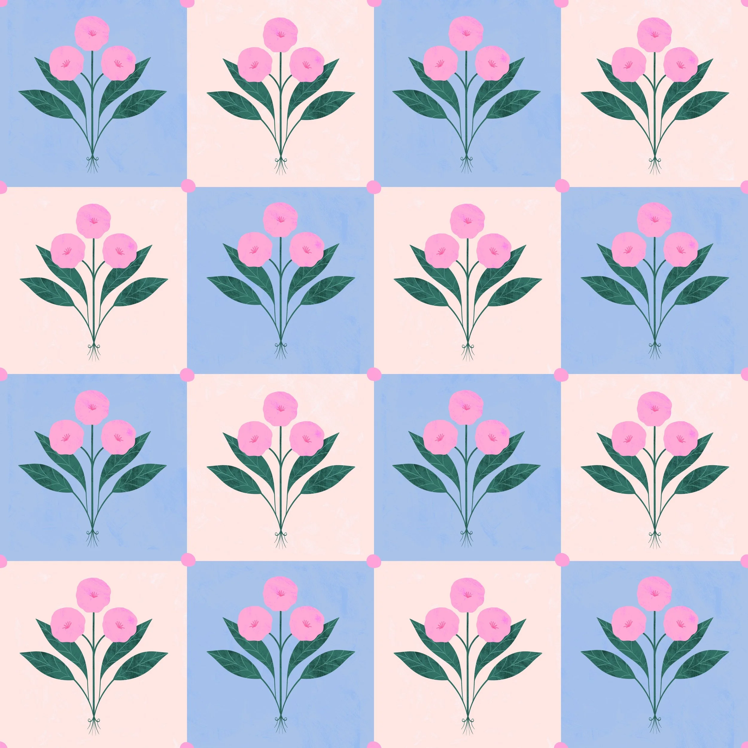 Repeating pattern of pink flowers with green leaves on pastel blue and pink backgrounds.