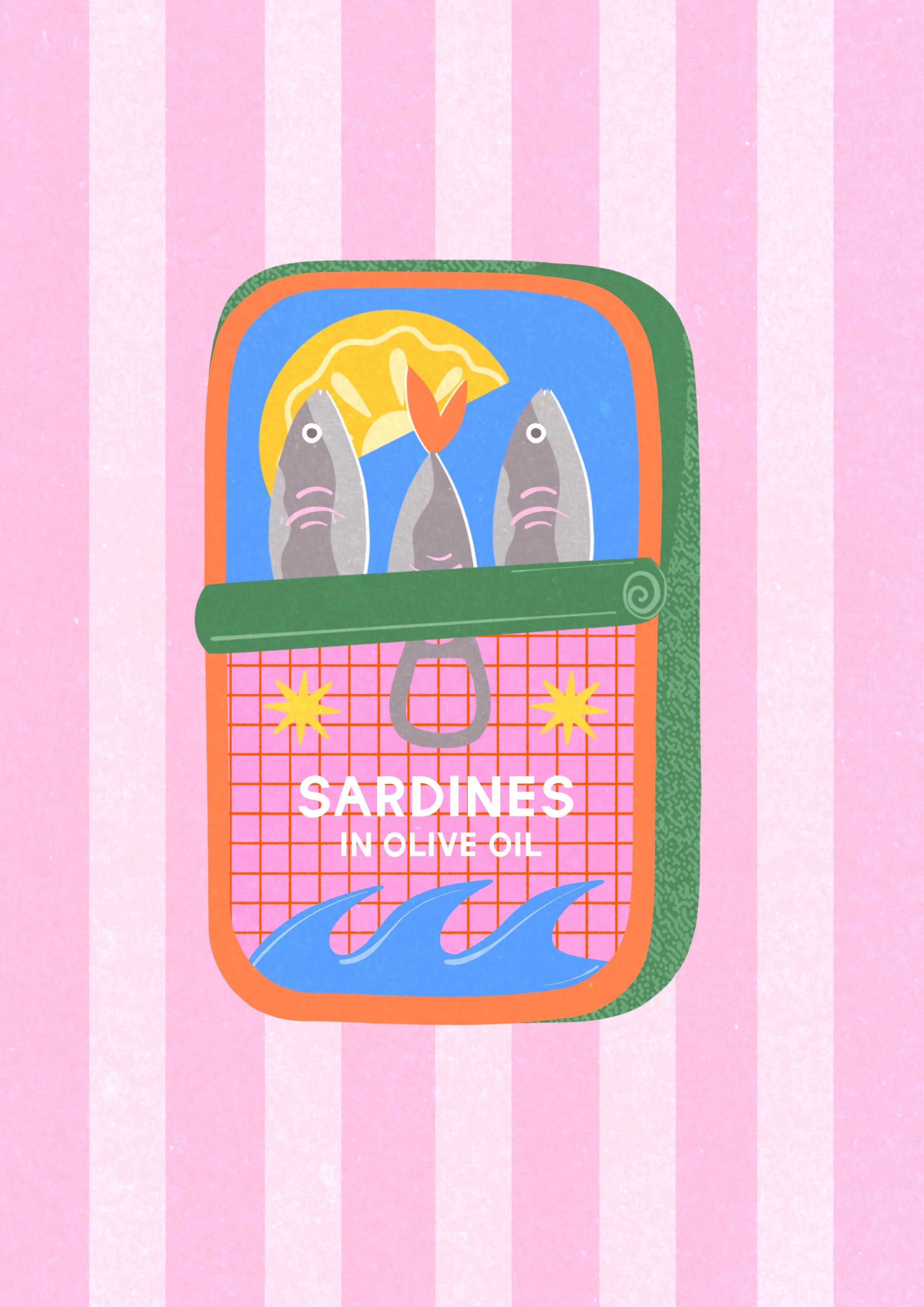 A colourful illustration of a tin of sardines in olive oil with three sardines, a lemon wedge, a chili pepper, and waves on the label, set against a pink and white striped background.