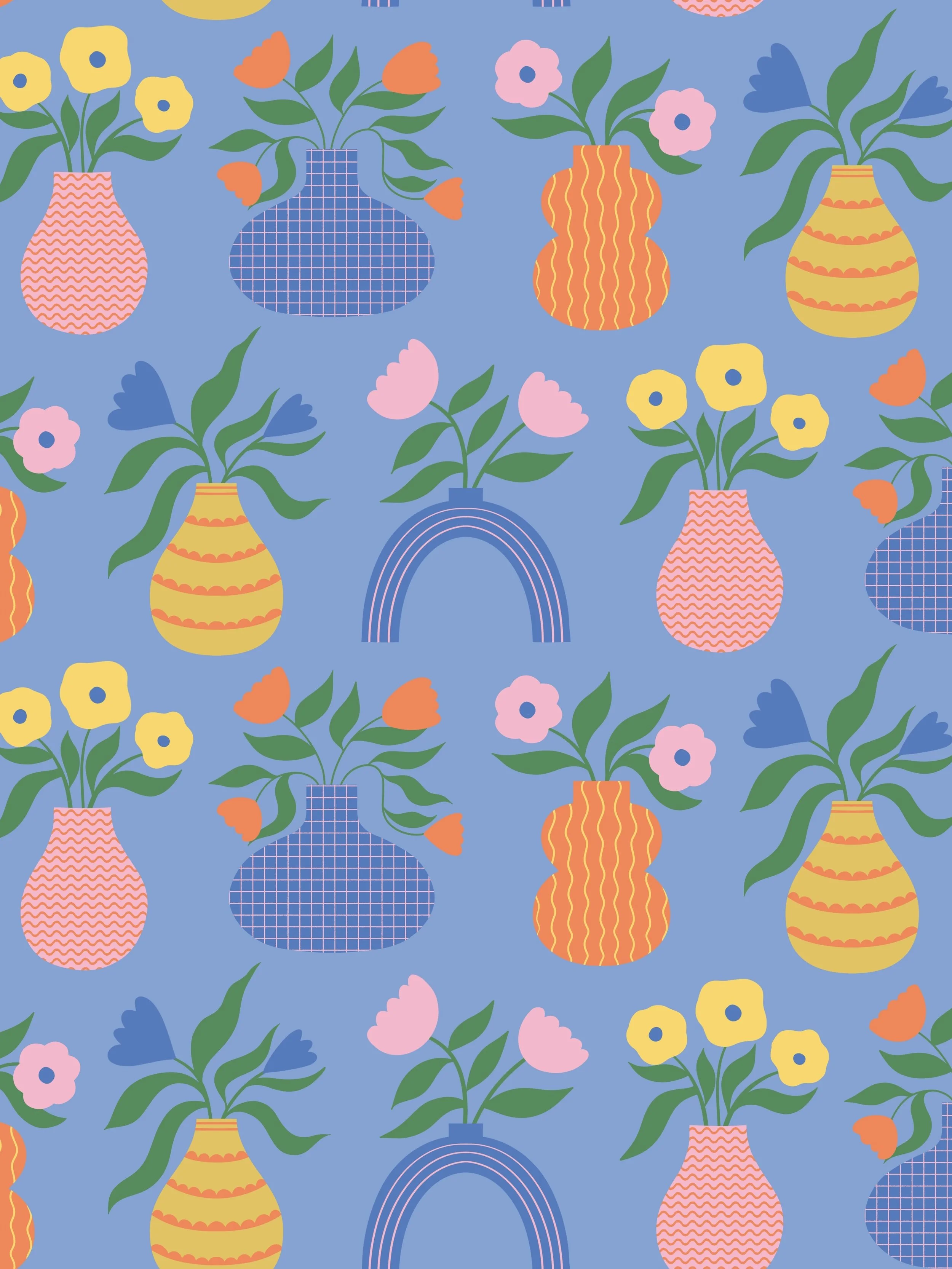 Pattern of colourful vases with flowers and rainbows on a blue background.