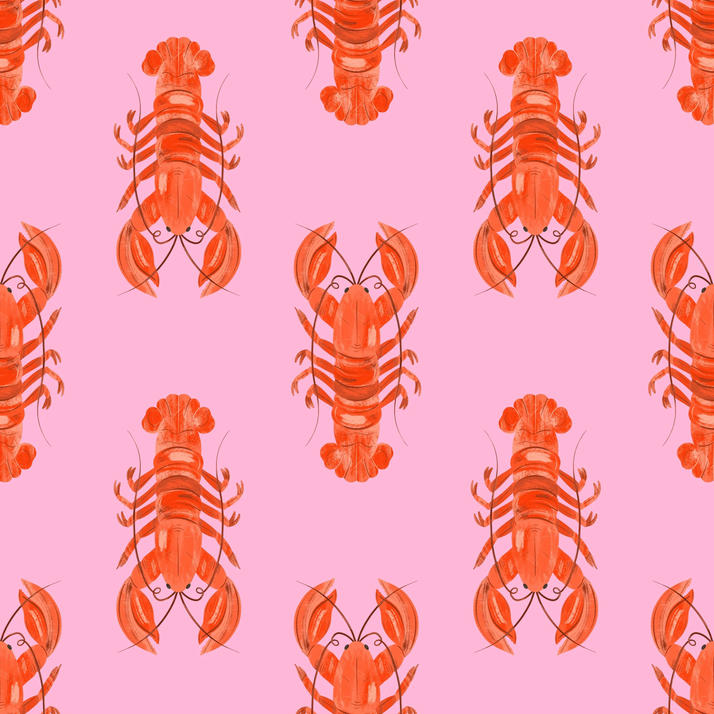 Pattern of red crayfish on a pink background, arranged in a repeating pattern.