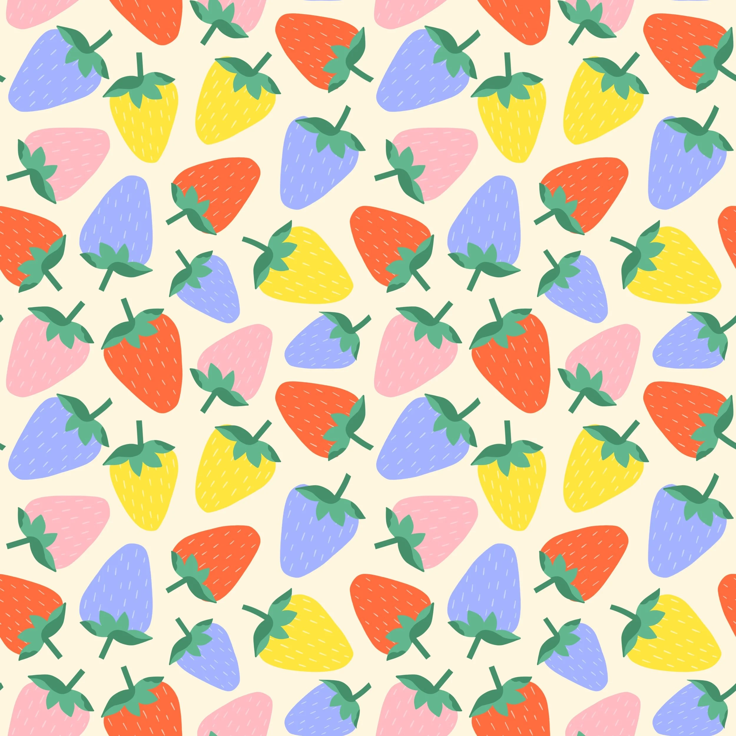 A pattern of colourful strawberries in red, yellow, pink, and purple with green leaves on a light background.
