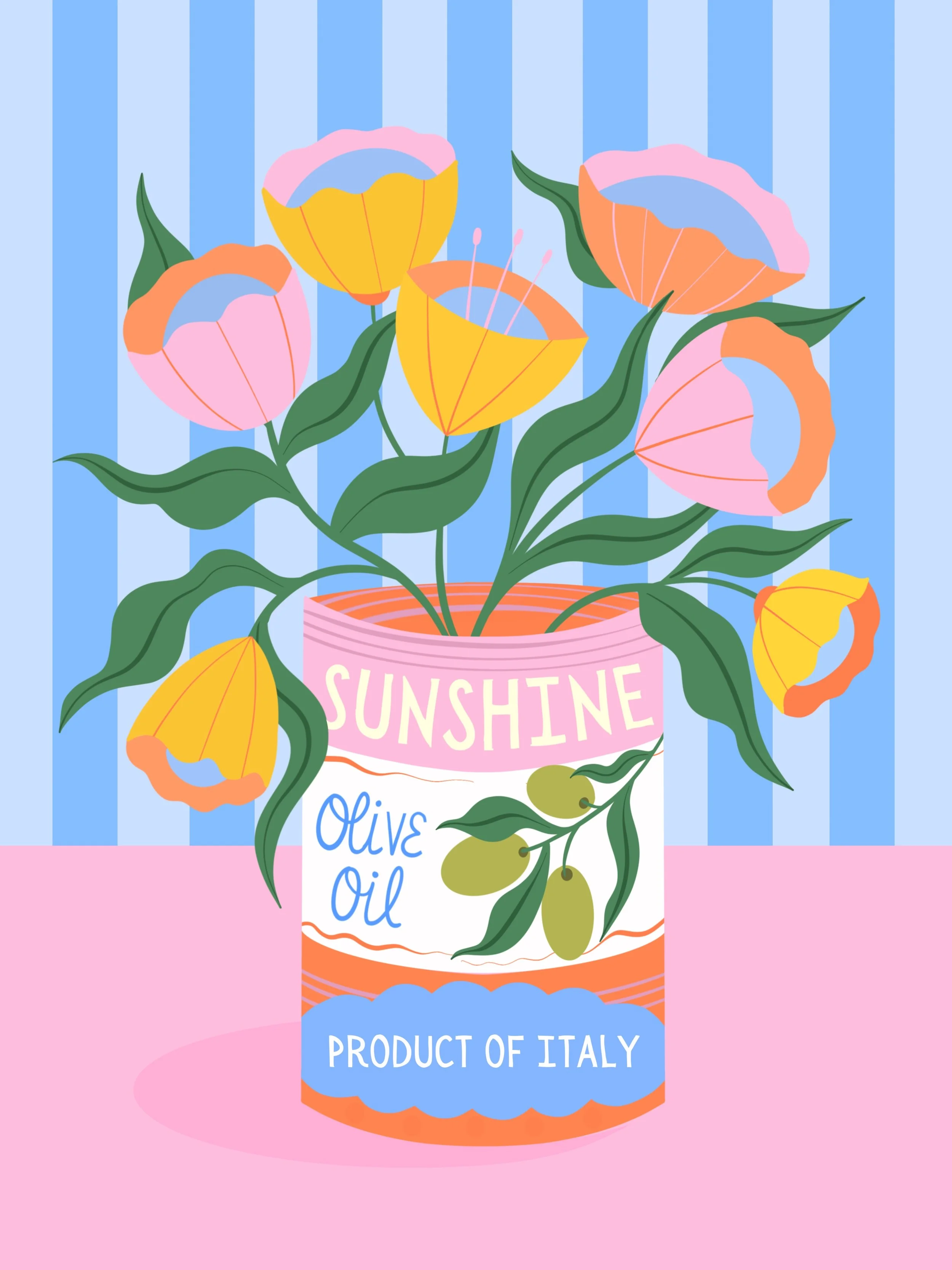 Illustration of a flower arrangement in a can labeled 'Sunshine Olive Oil,' with pink, yellow, orange, and purple flowers, green leaves, and olives on a pink and blue background.