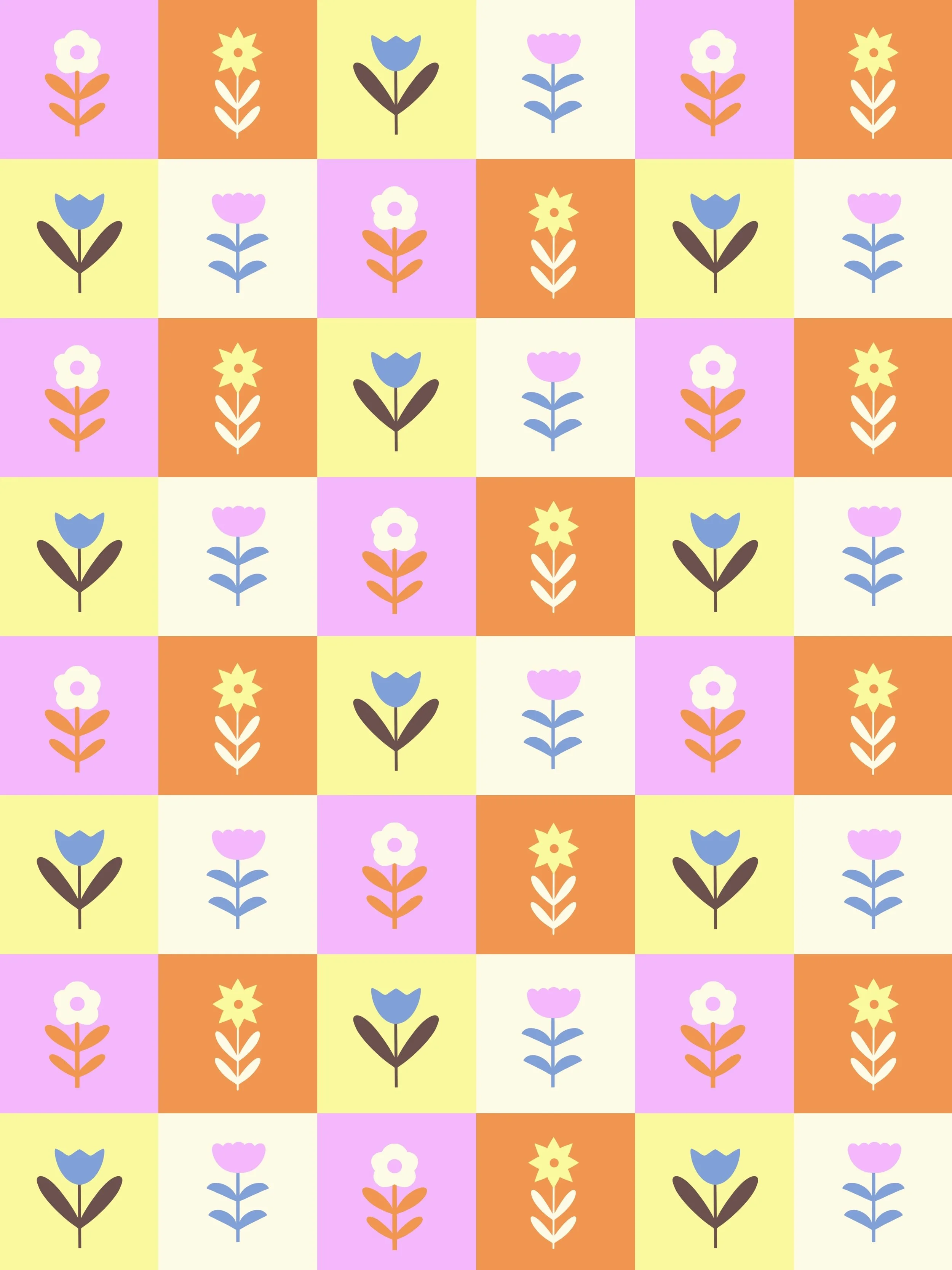 Pattern of stylized flowers in pastel colours with alternating background squares in pink, orange, yellow, and white.