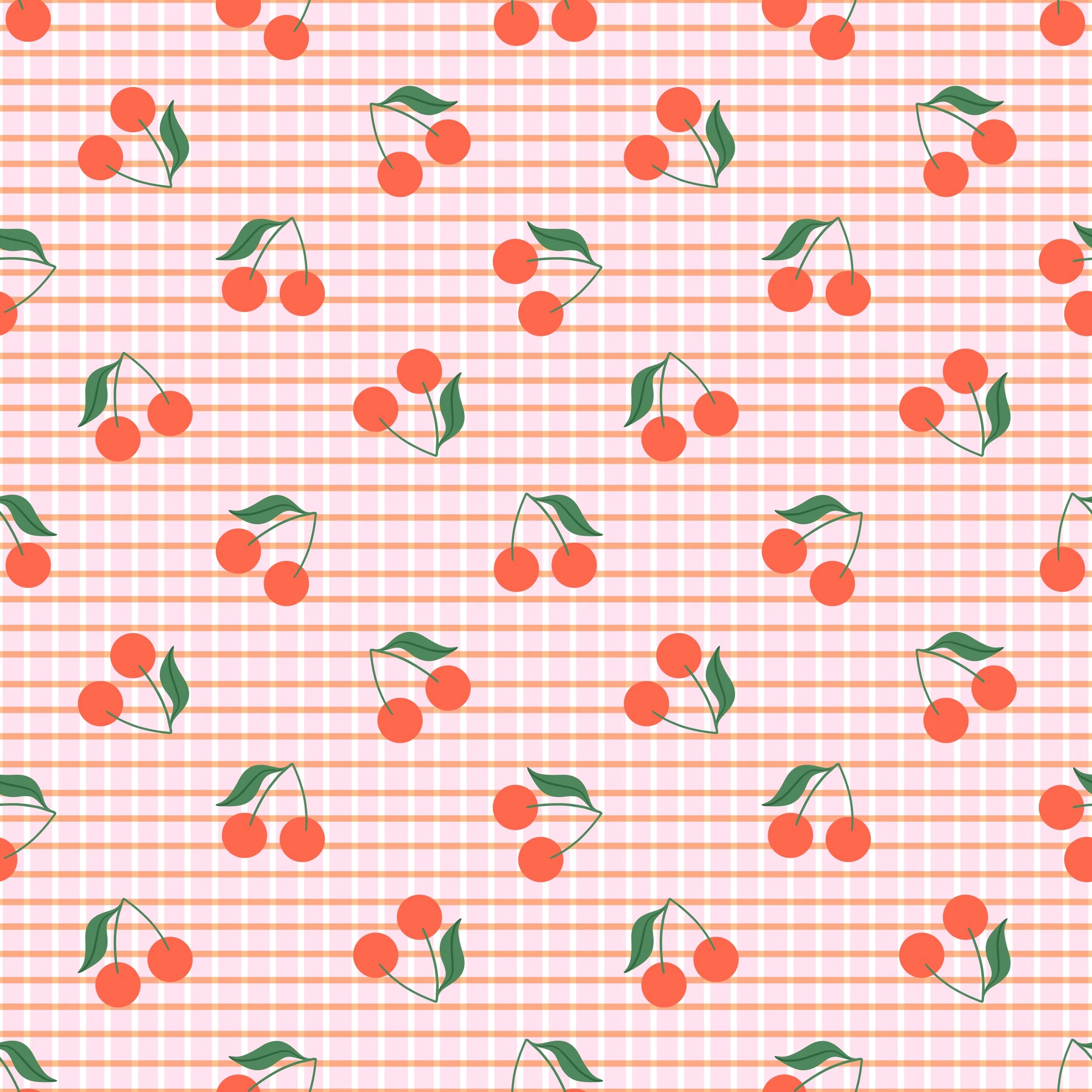 Pattern of cherries with green leaves on a red and white gingham background.