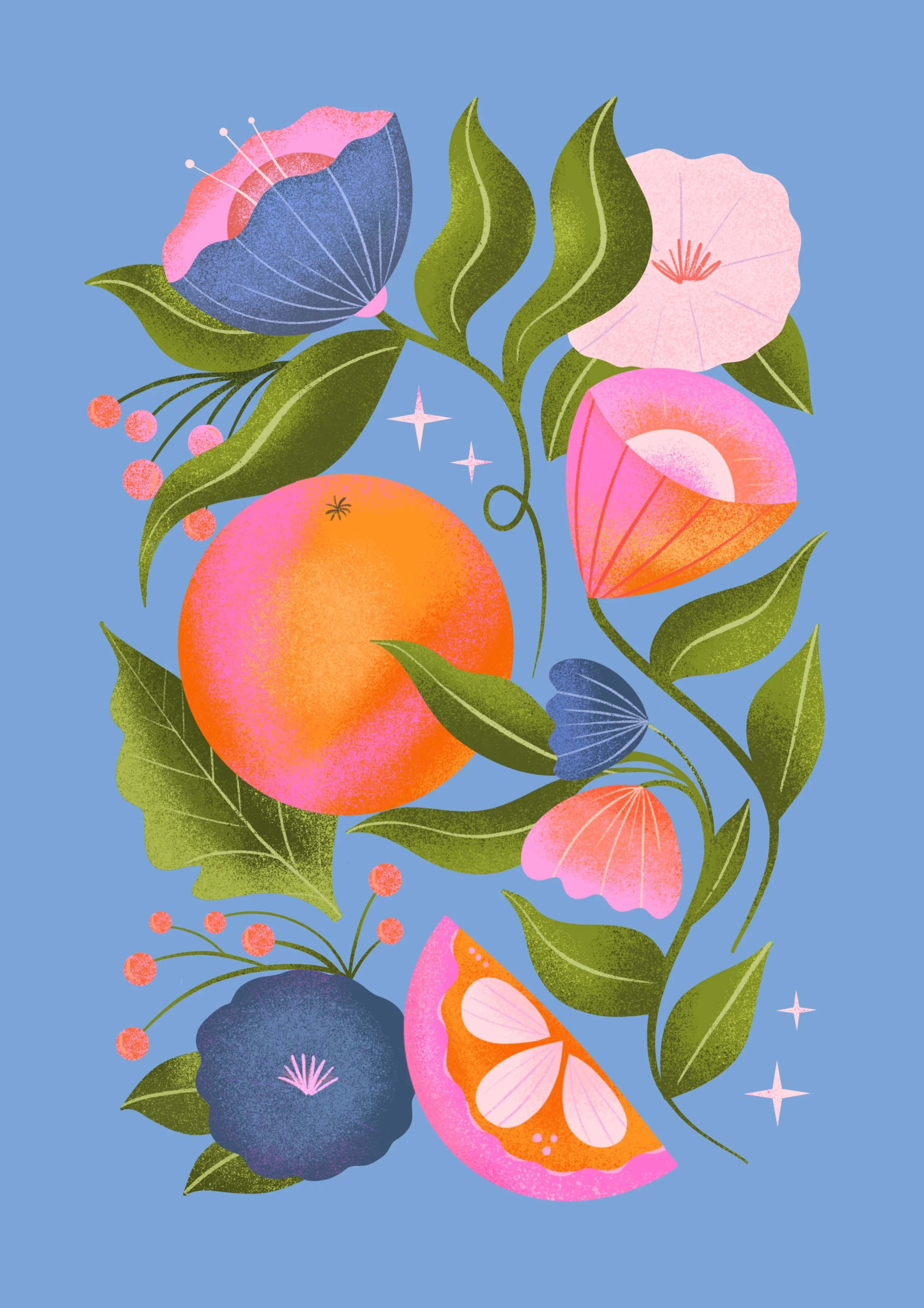 Colourful digital illustration of various flowers, a round orange fruit, and sparkling stars on a blue background.