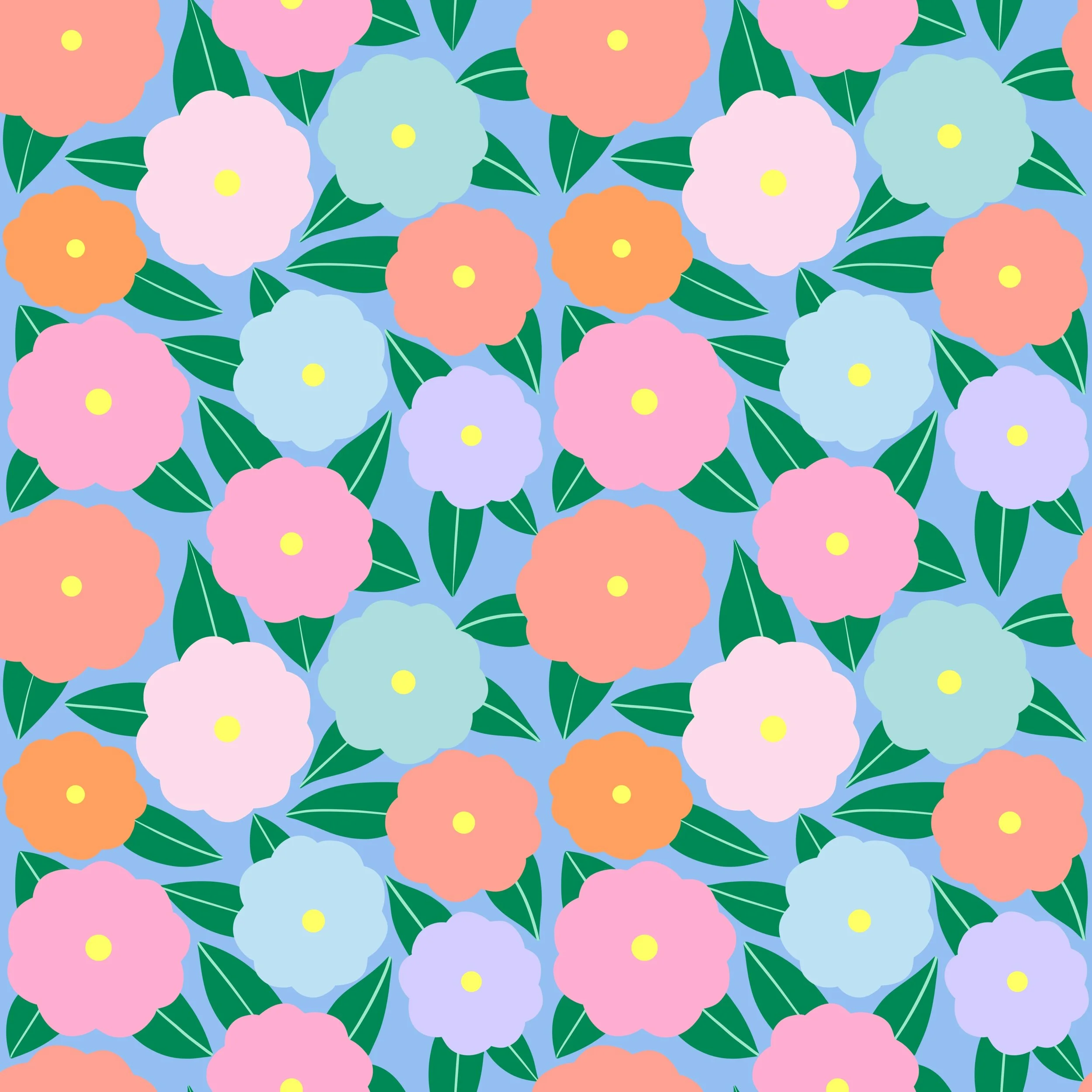 Seamless pattern of colourful flowers in pink, orange, blue, purple, and green leaves on a light blue background.