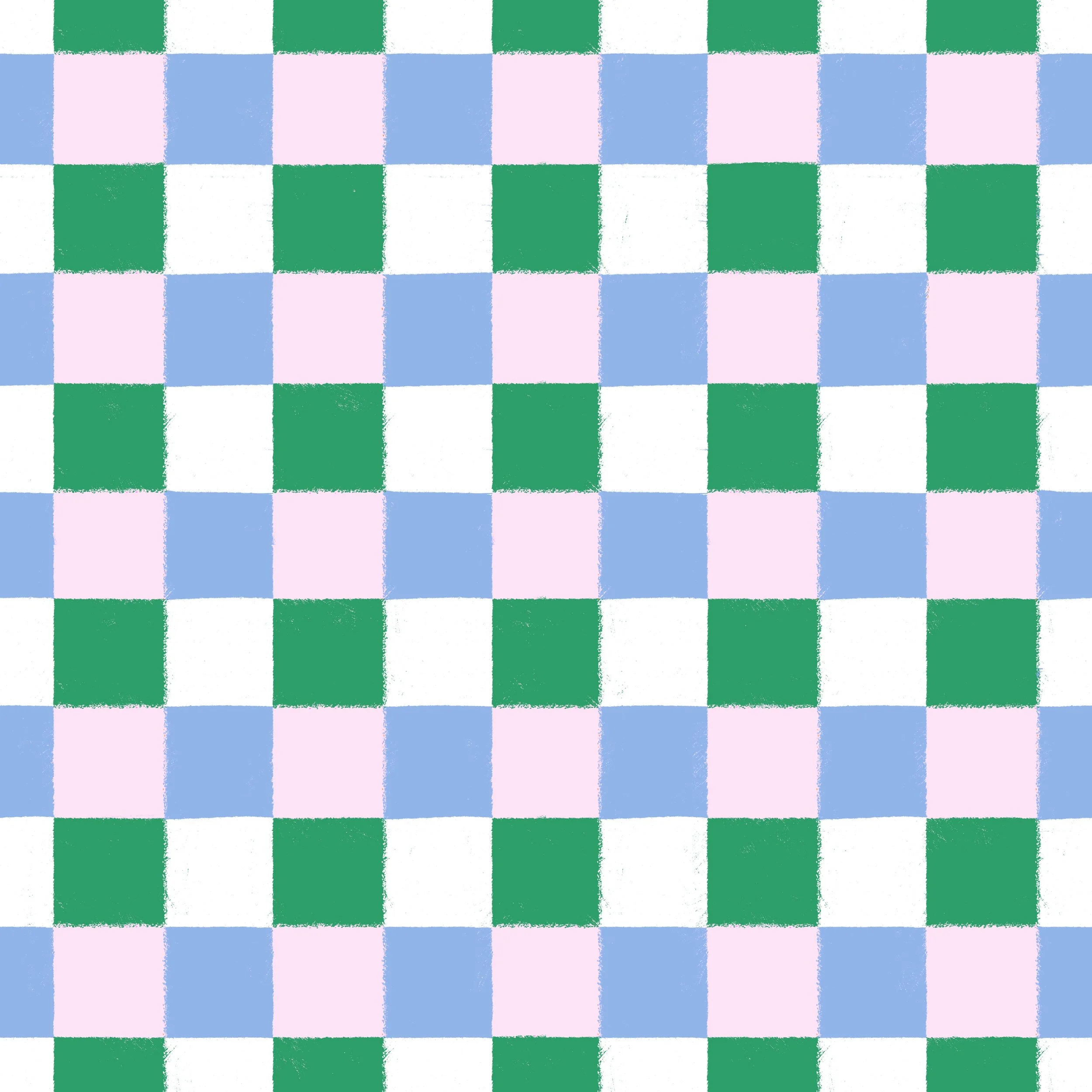 A pattern of checks with green, white, pink, and blue squares arranged in a grid.