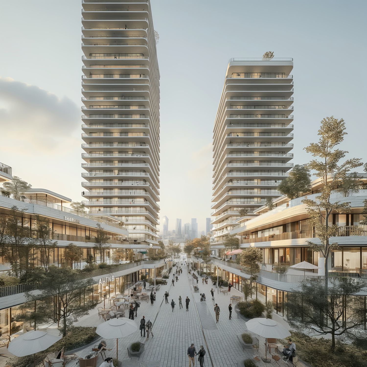 Rendering of a modern mixed-use urban development with high-rise residential towers and pedestrian plaza