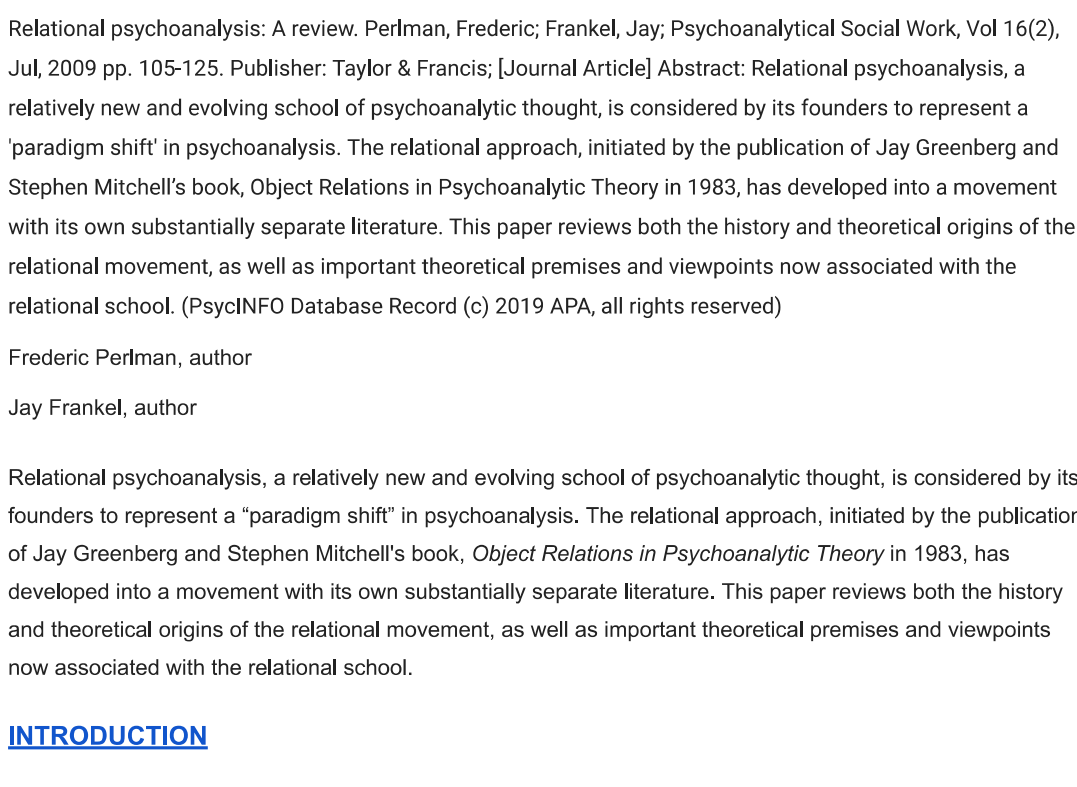 Relational Psychoanalysis: A Review | Perlman & Frankel
