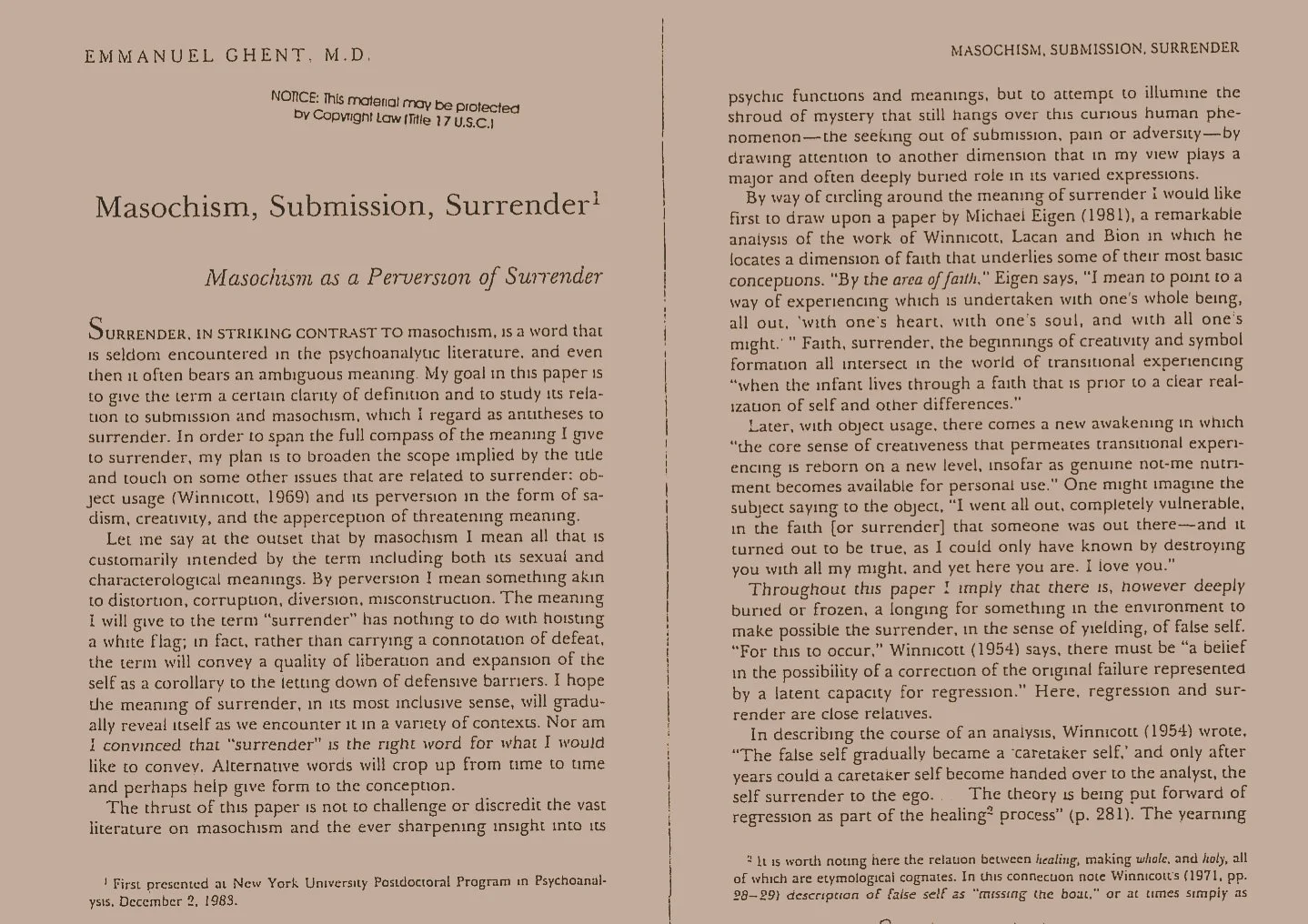 Masochism, Submission, Surrender—Emmanual Ghent, M.D.