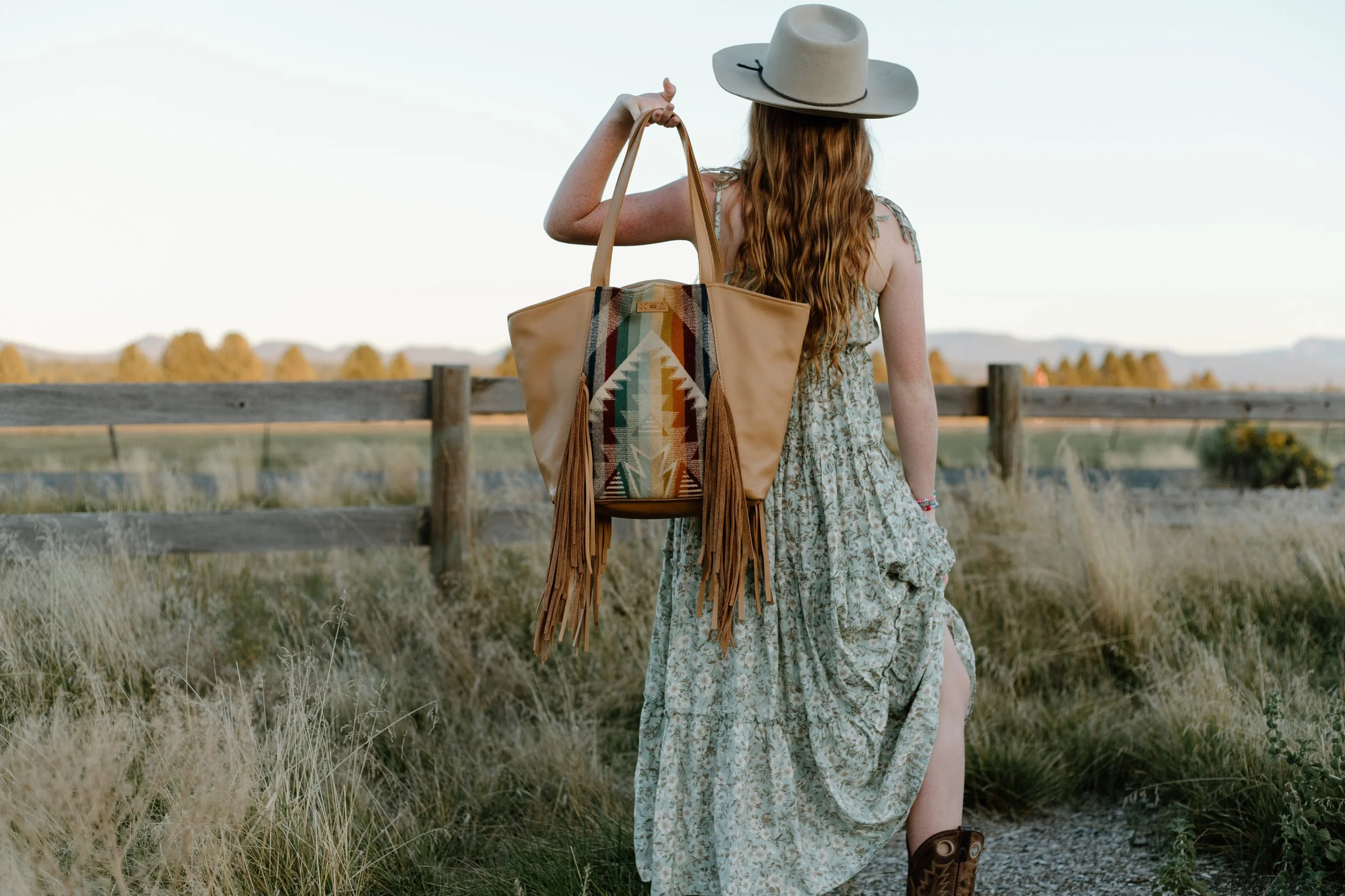 Large Fringe Tote in Summerland Pendleton Wool with Caramel Leather