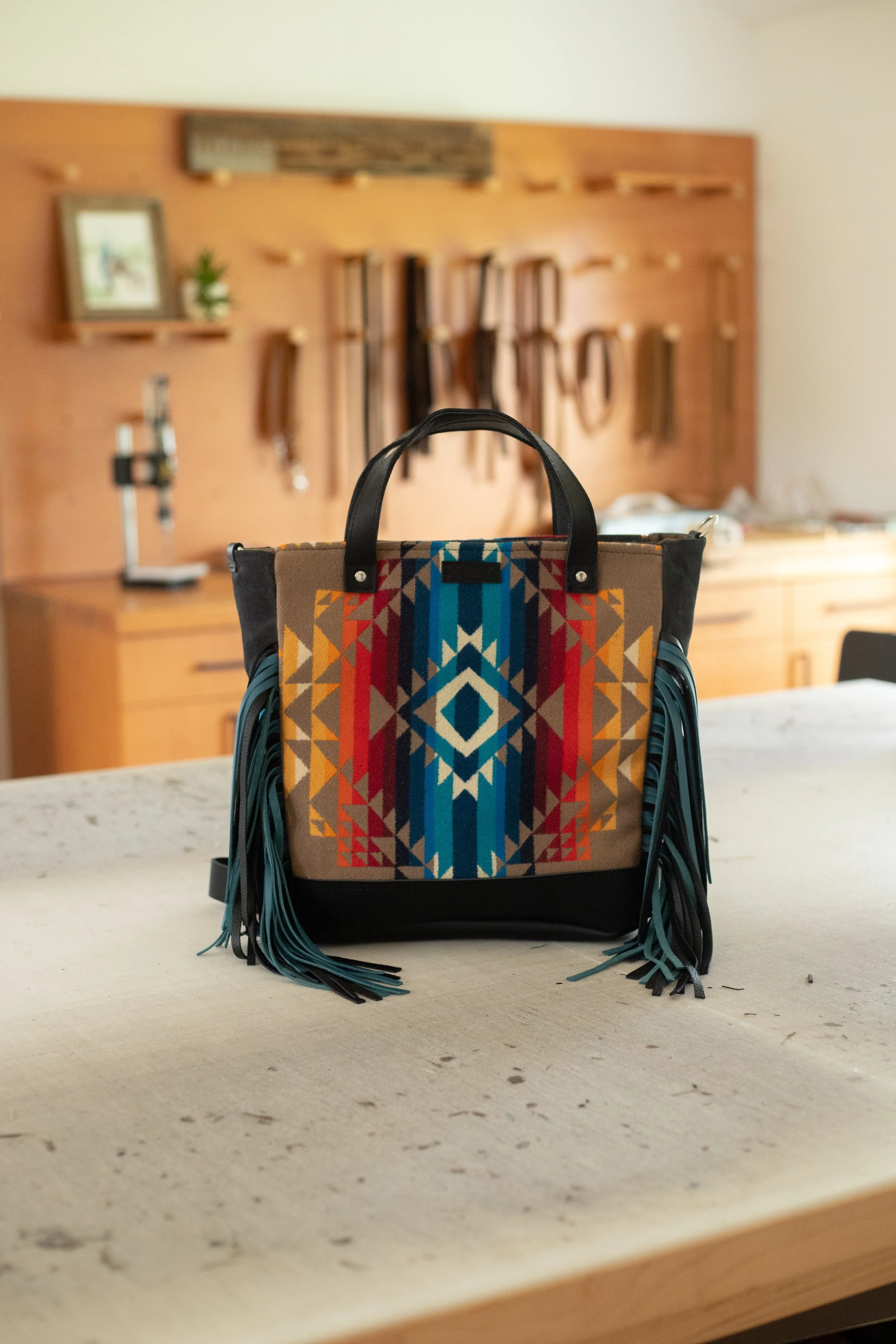 Custom Reserved Order - Talea - Computer Tote in Pilot Rock Pendleton Wool + Black Leather