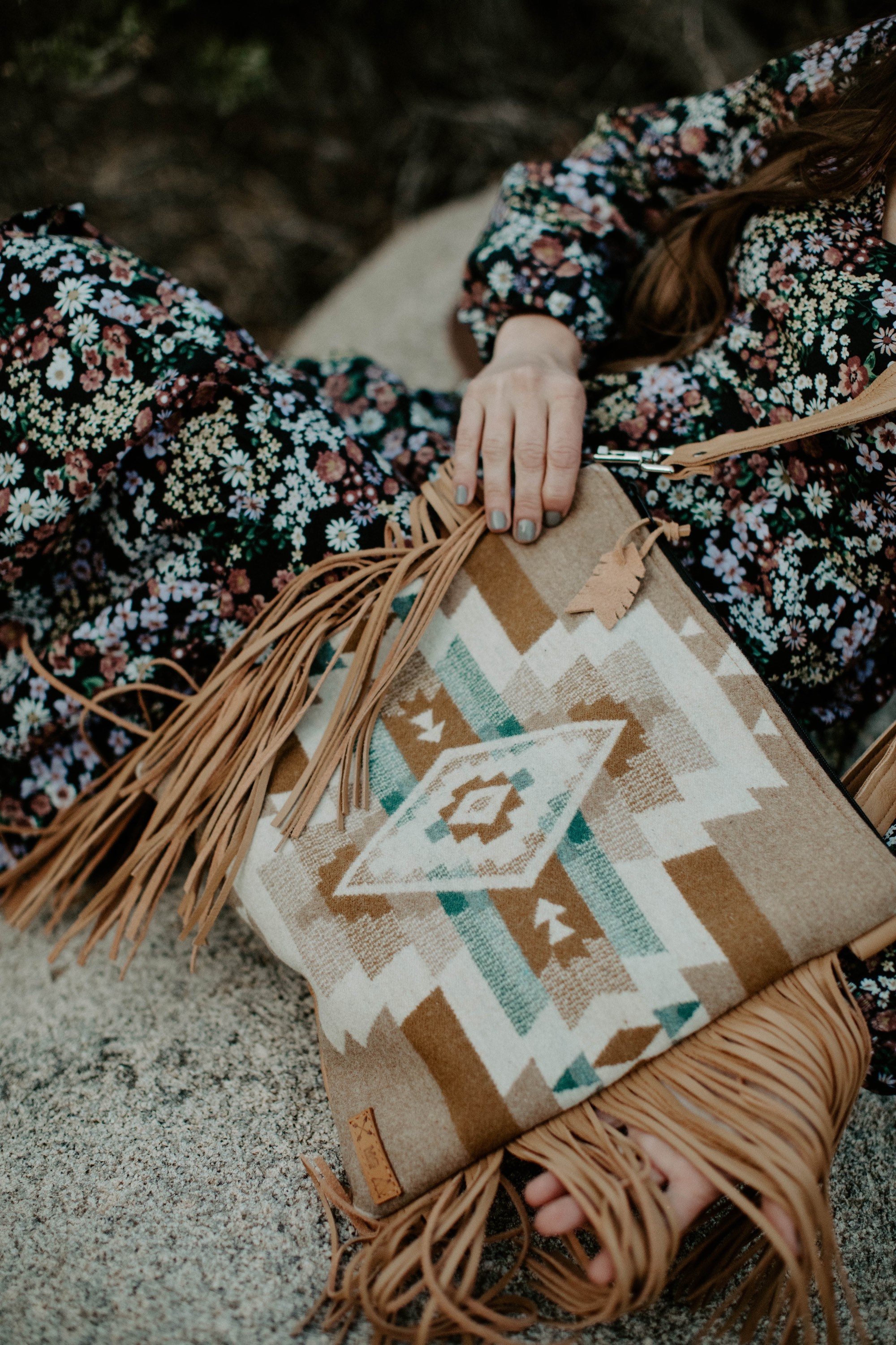 neutral crossbody fringe purse in Point Rock wool and camel leather