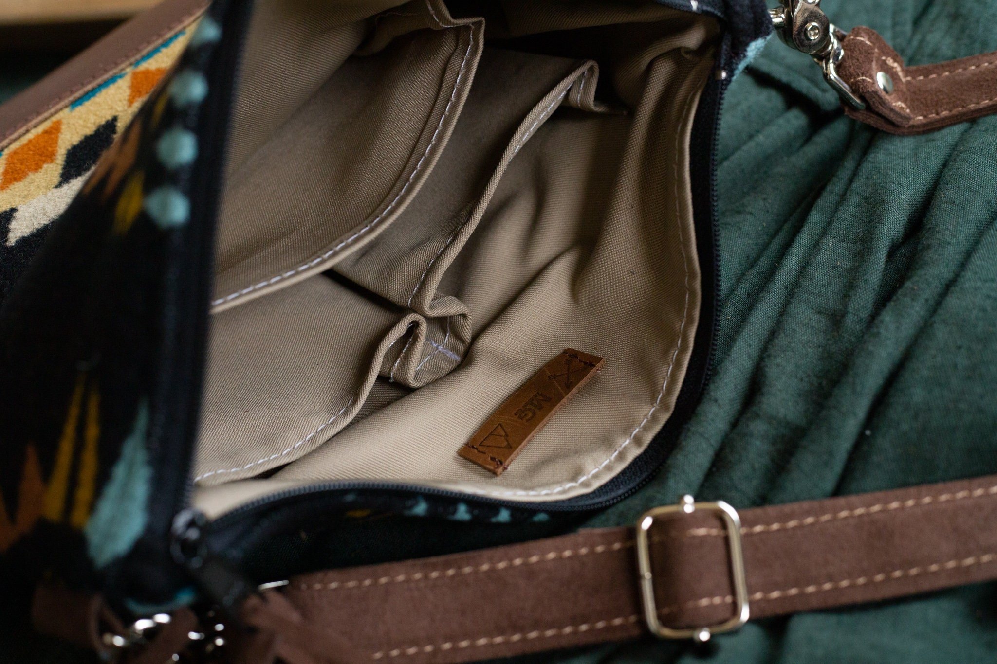 pockets inside a mercy grey design bag - tan fabric