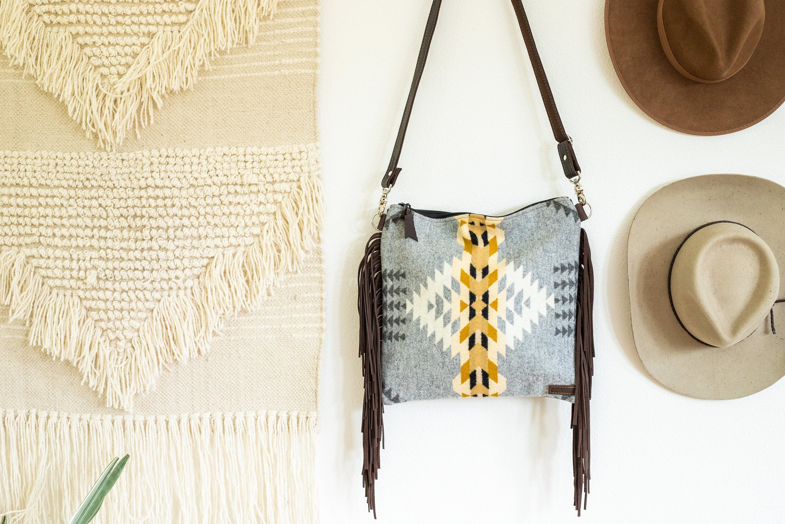 Fringe Crossbody Purse in Navy and Olive Wool — Mercy Grey Design Co