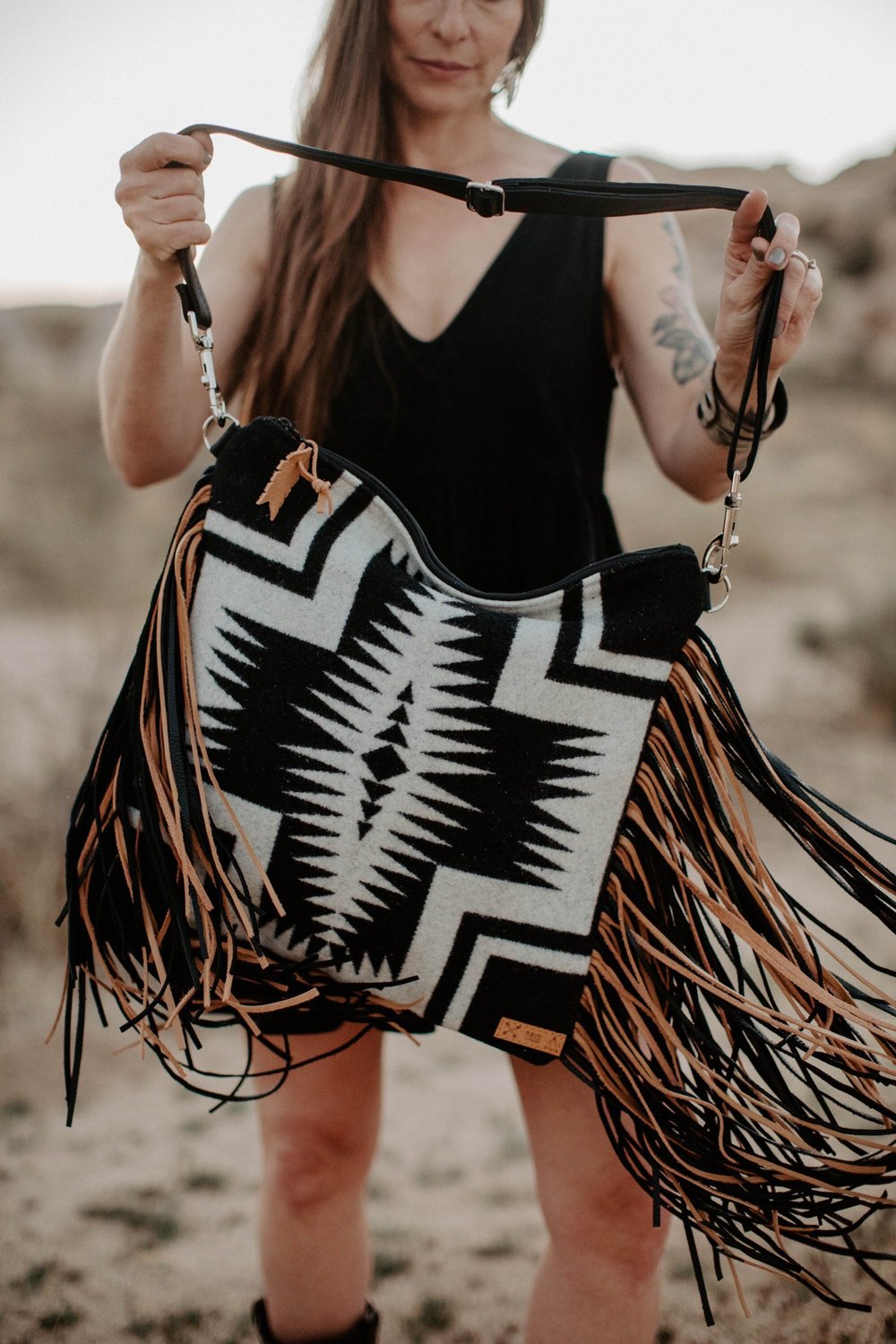 Large Fringe Crossbody in Walking Rock + Black and Caramel Leather 