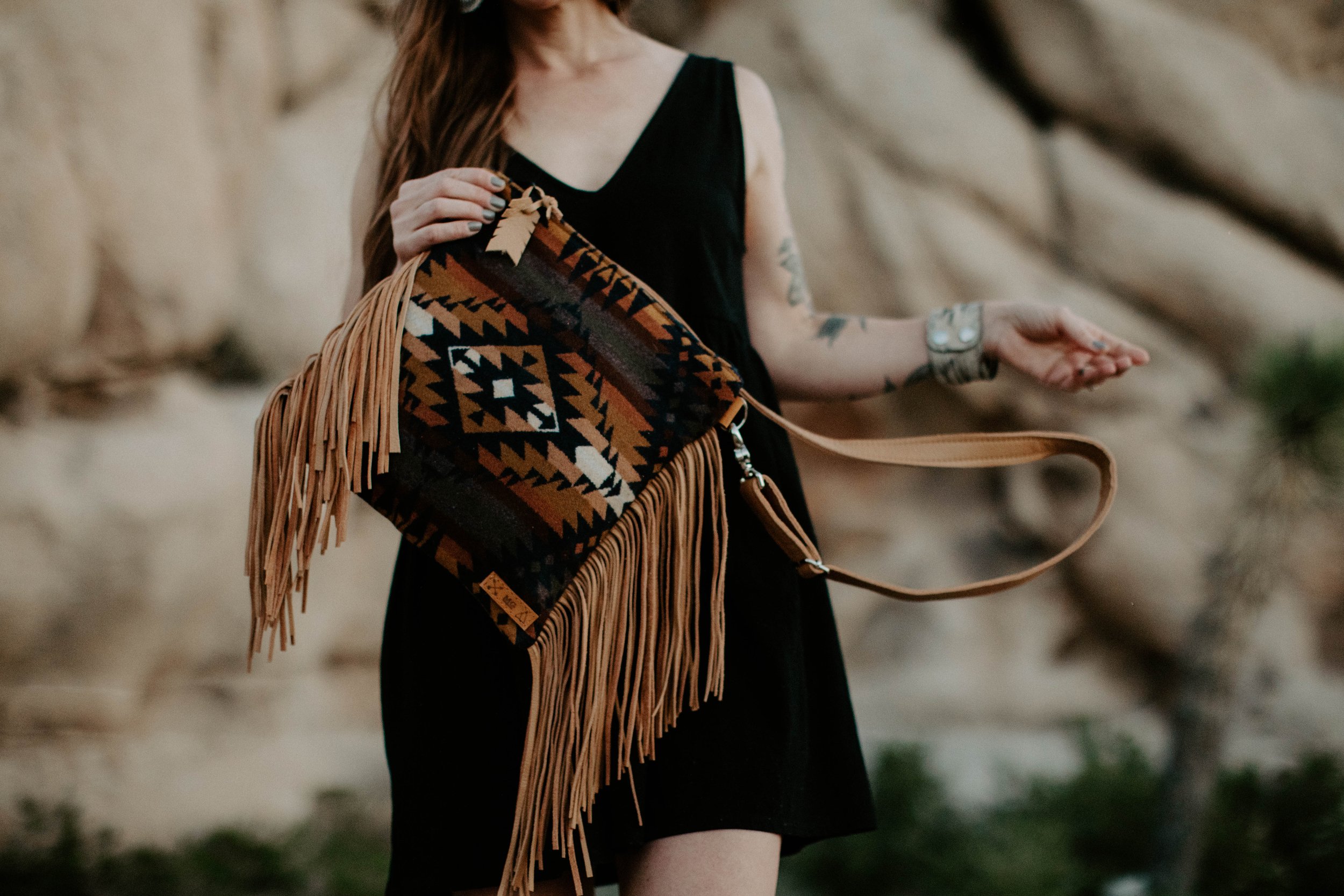 Fringe Crossbody Purse in Navy and Olive Wool — Mercy Grey Design Co