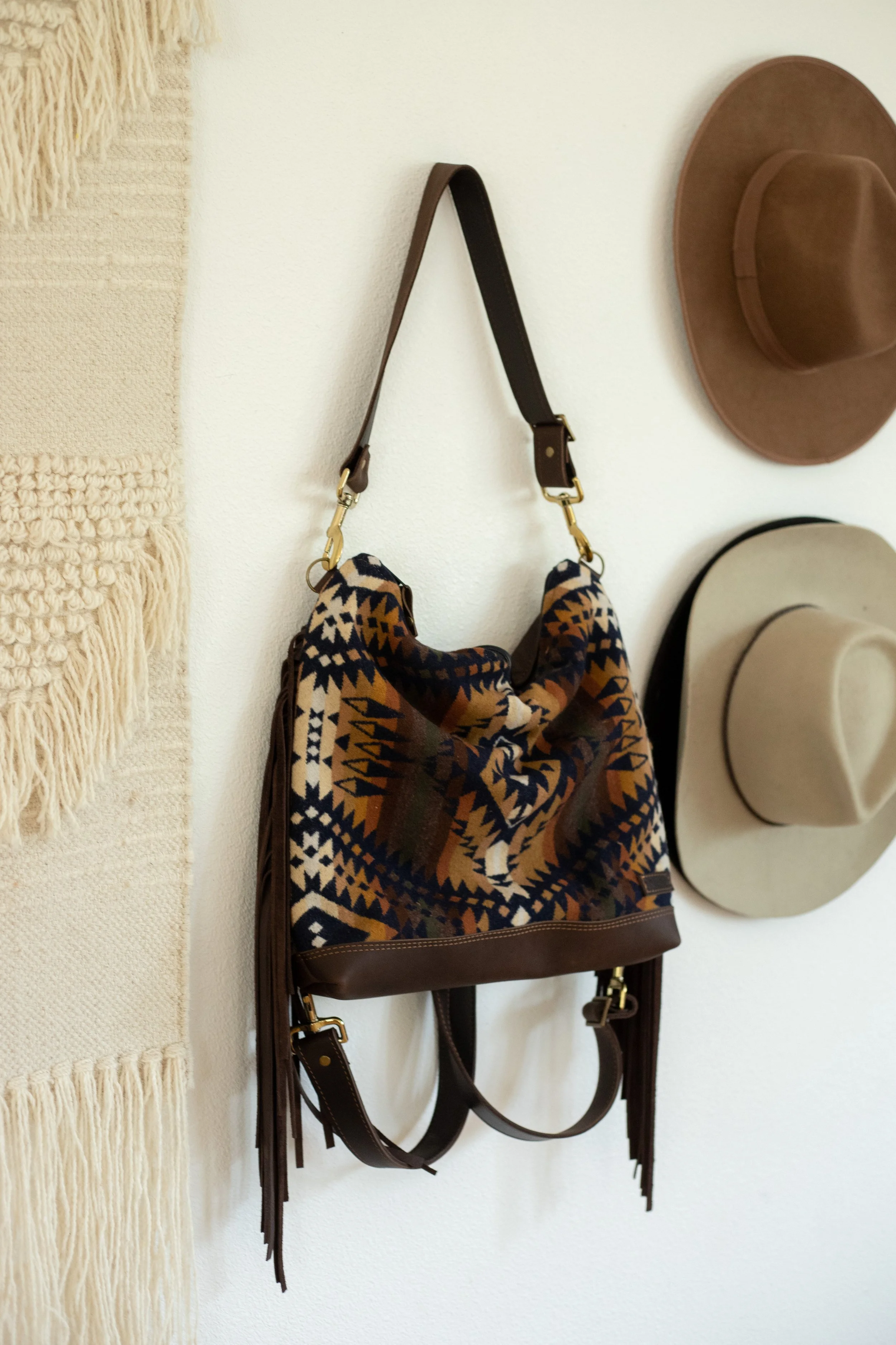 CUSTOM RESERVED ORDER - Amanda - Slouchy Leather Bottom Fringe Purse in Mission Trails Pendleton Wool and Brown Leather