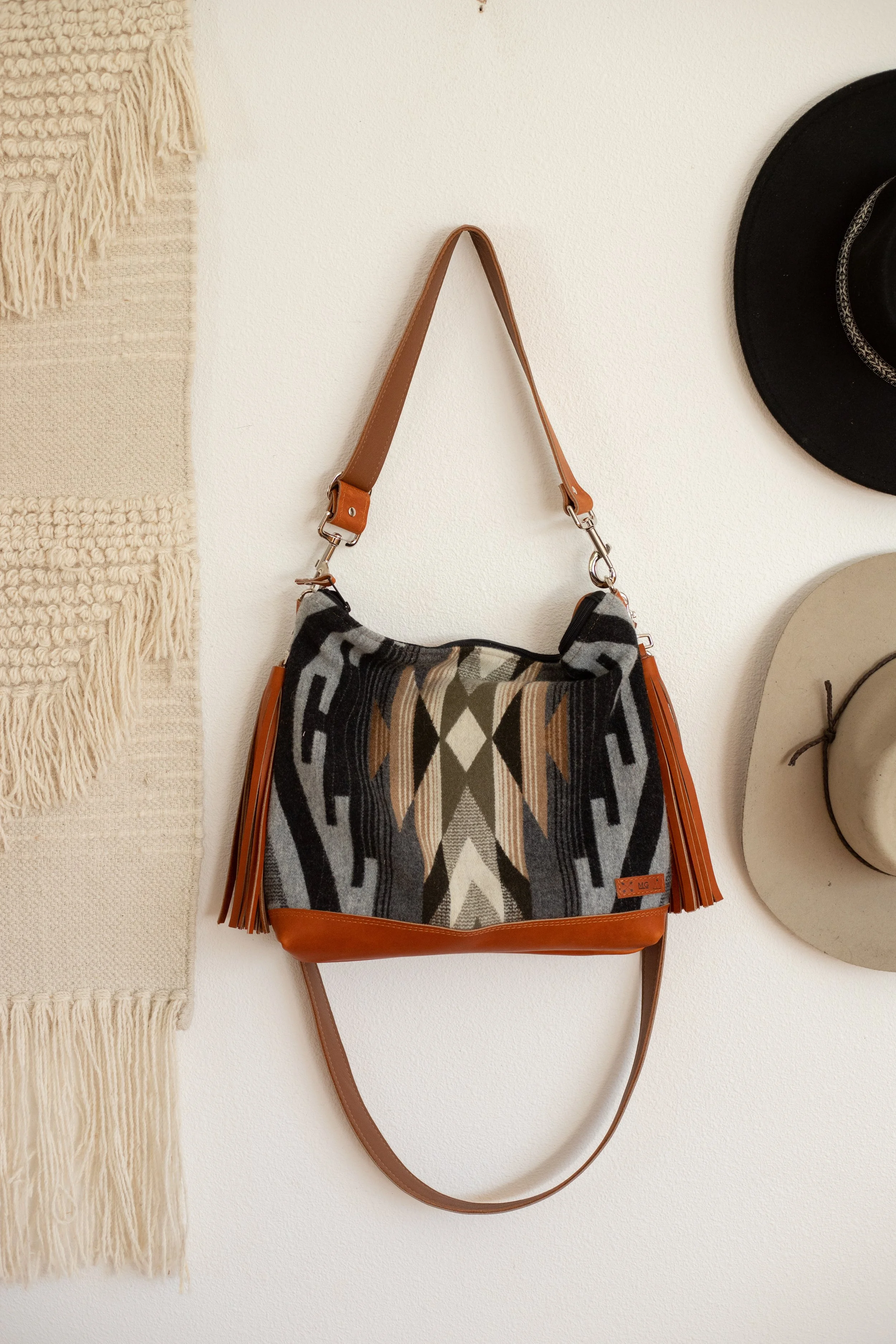 AVAILABLE - Slouchy Leather Bottom Bag in Tumalo Ridge Pendleton Wool with Cognac Leather