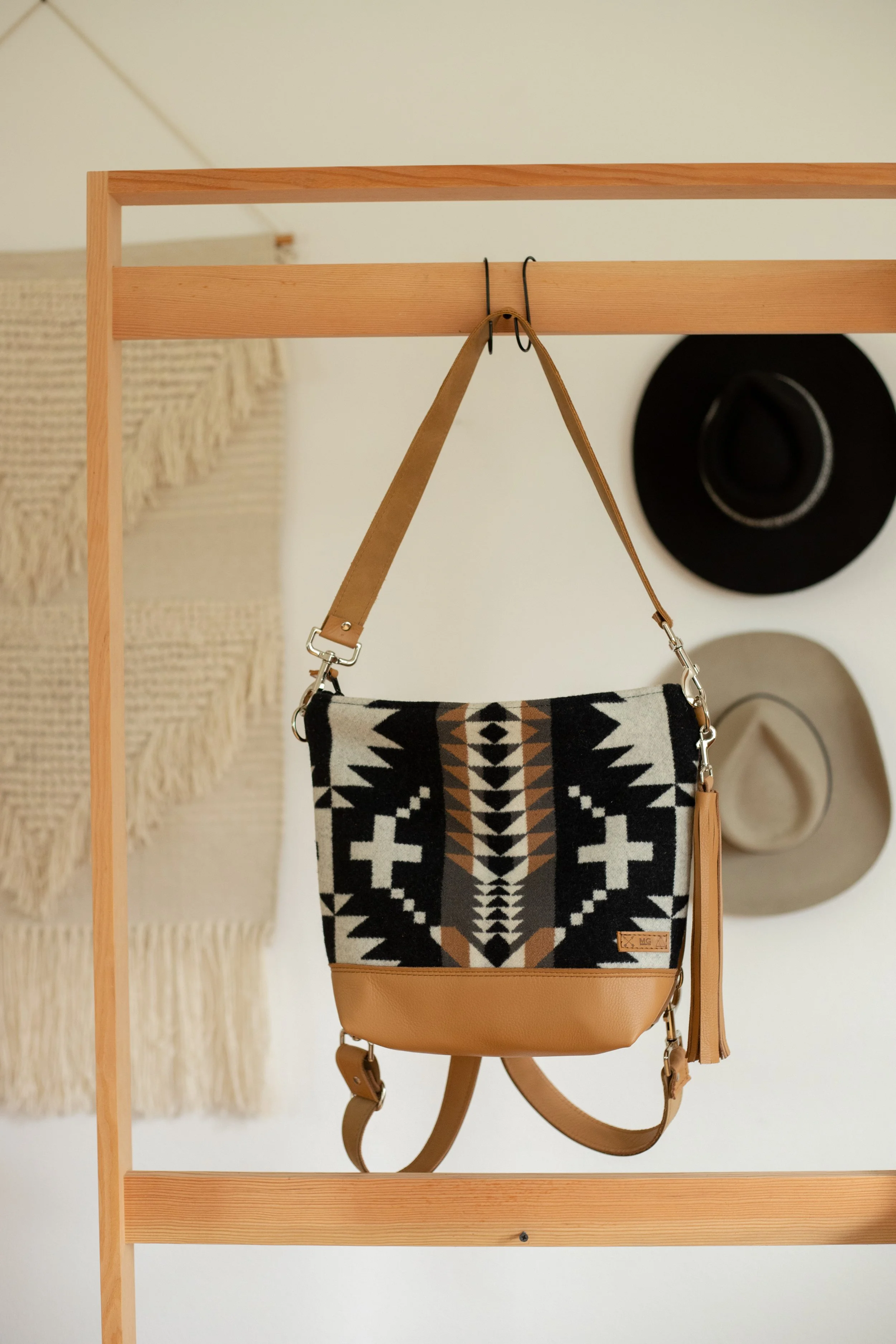 Leather Bottom Backpack + Crossbody in Spyder Rock Pendelton Wool and Caramel Leather