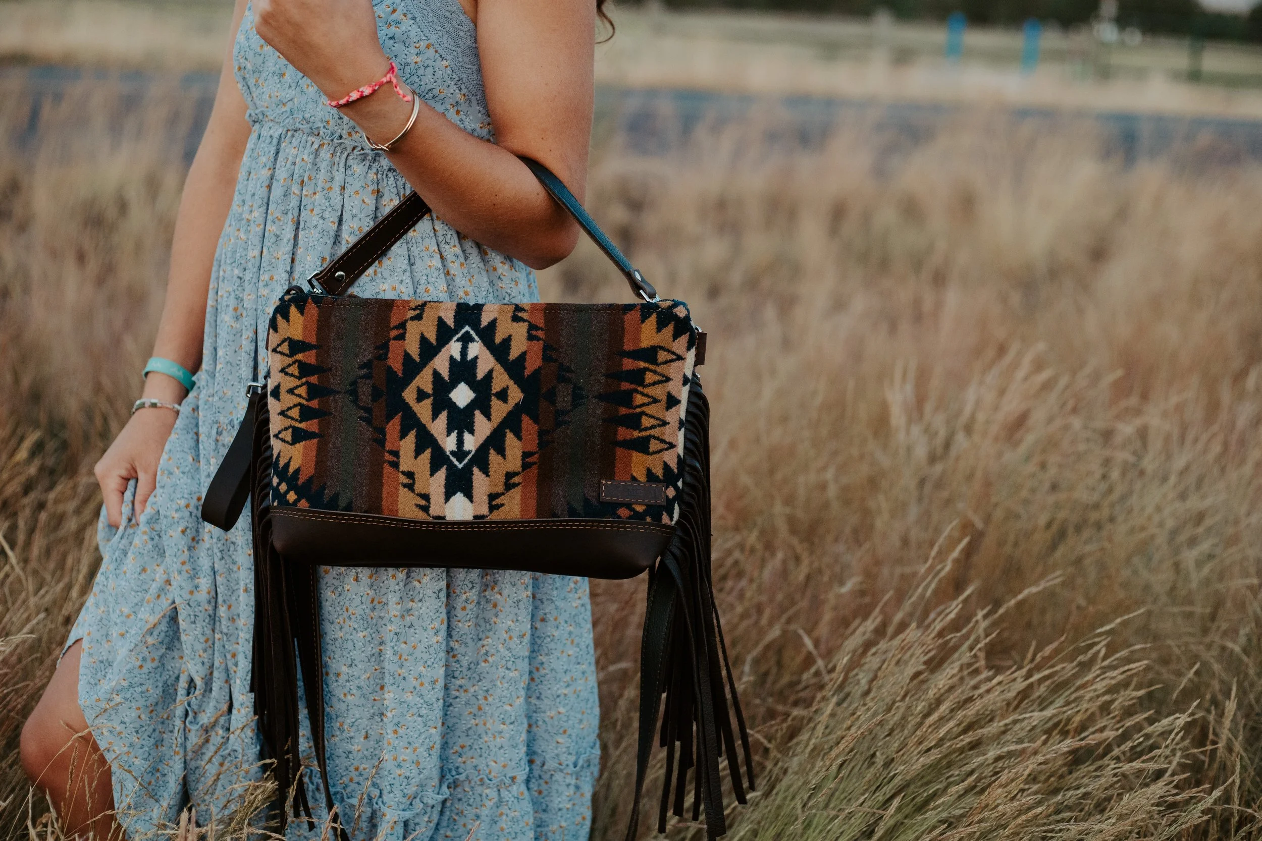 Clutch Leather Bottom Crossbody with Elbow Strap in Mission Trails Pendleton Wool with Brown Leather
