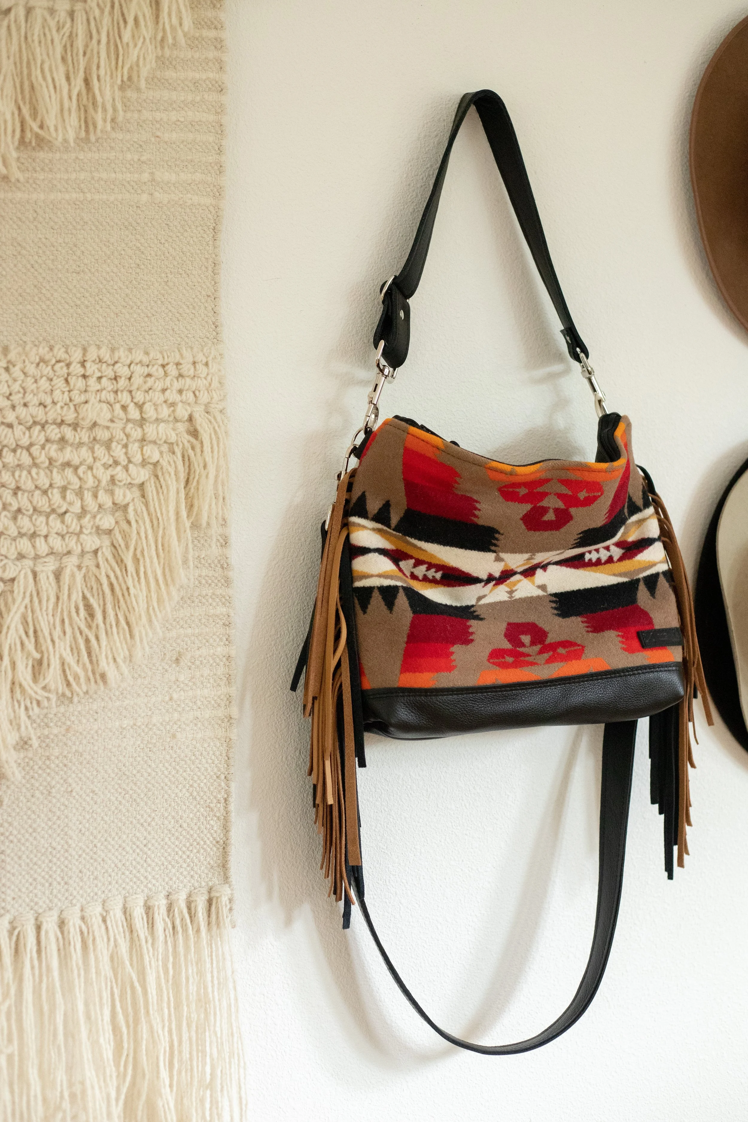 RESERVED CUSTOM BAG - SMBarton - Medium Slouchy Leather Bottom Fringe Crossbody in Tucson Khaki Pendleton + Black Leather