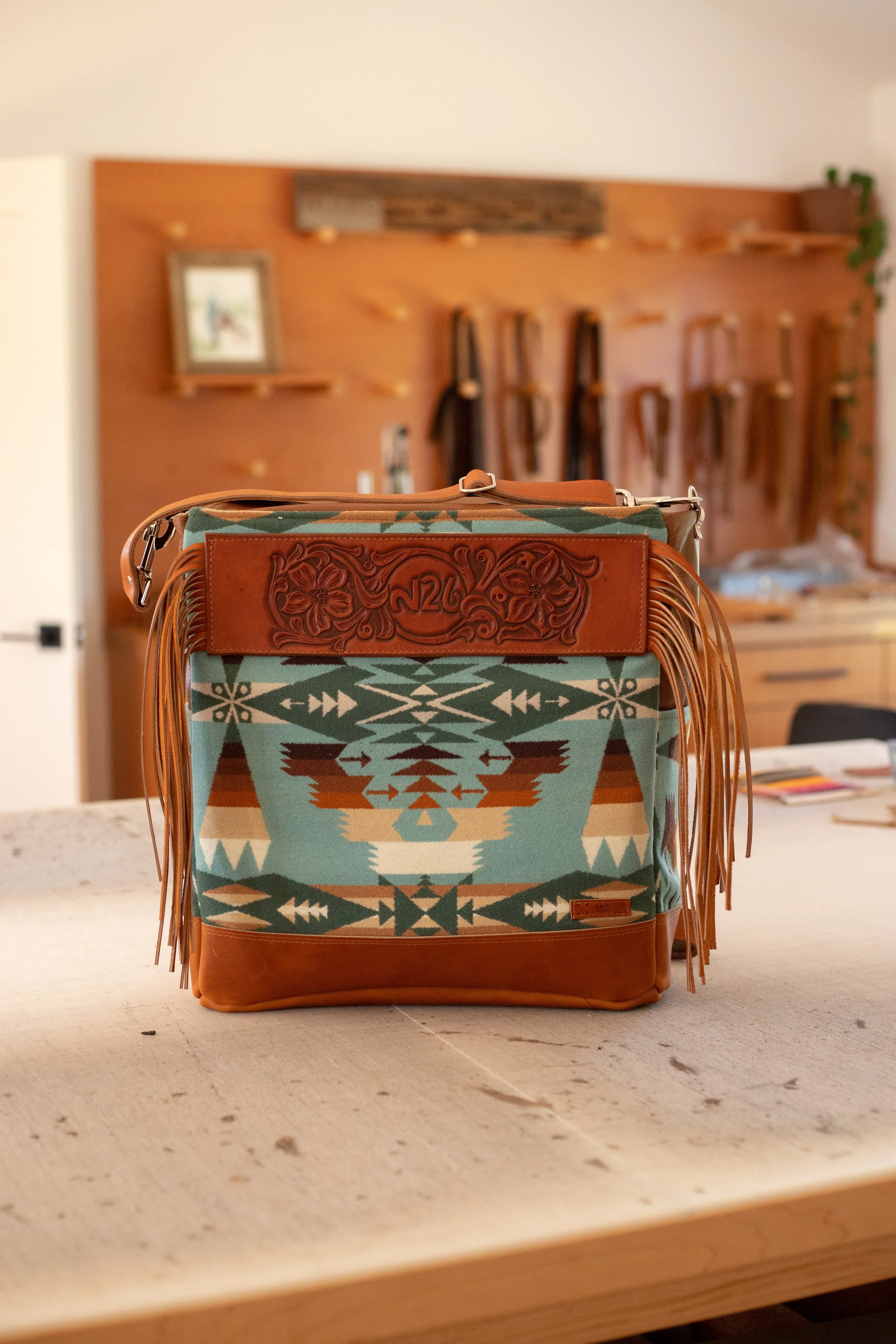 Reserved Custom Order - Jeb and Kaitlin  - Diaper Bag in Tucson Aqua Pendleton with Cognac Leather