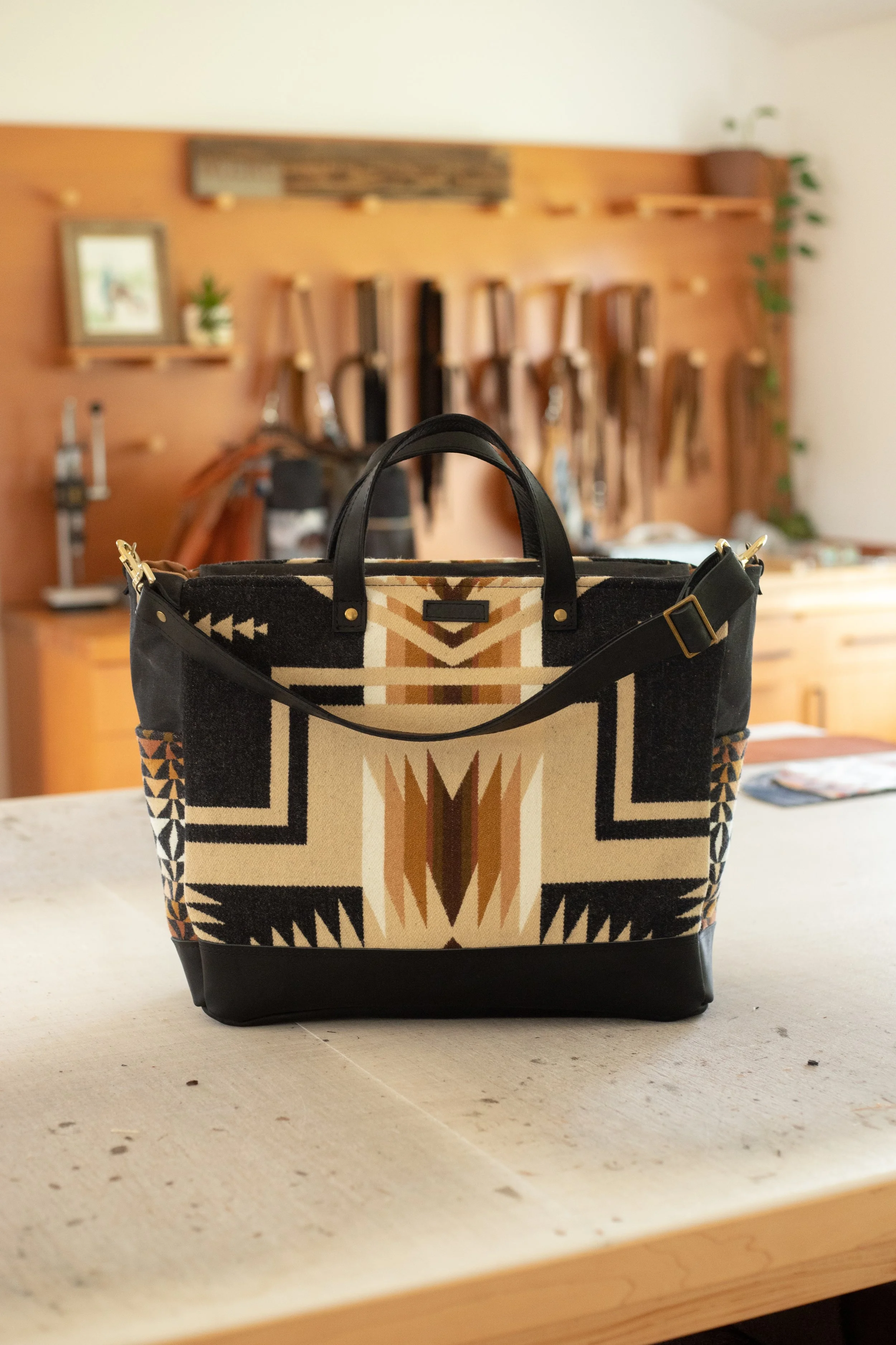 Custom Reserved Bag - Brooke  -  Diaper Bag Tote in Oxford Harding Pendleton + Black Leather