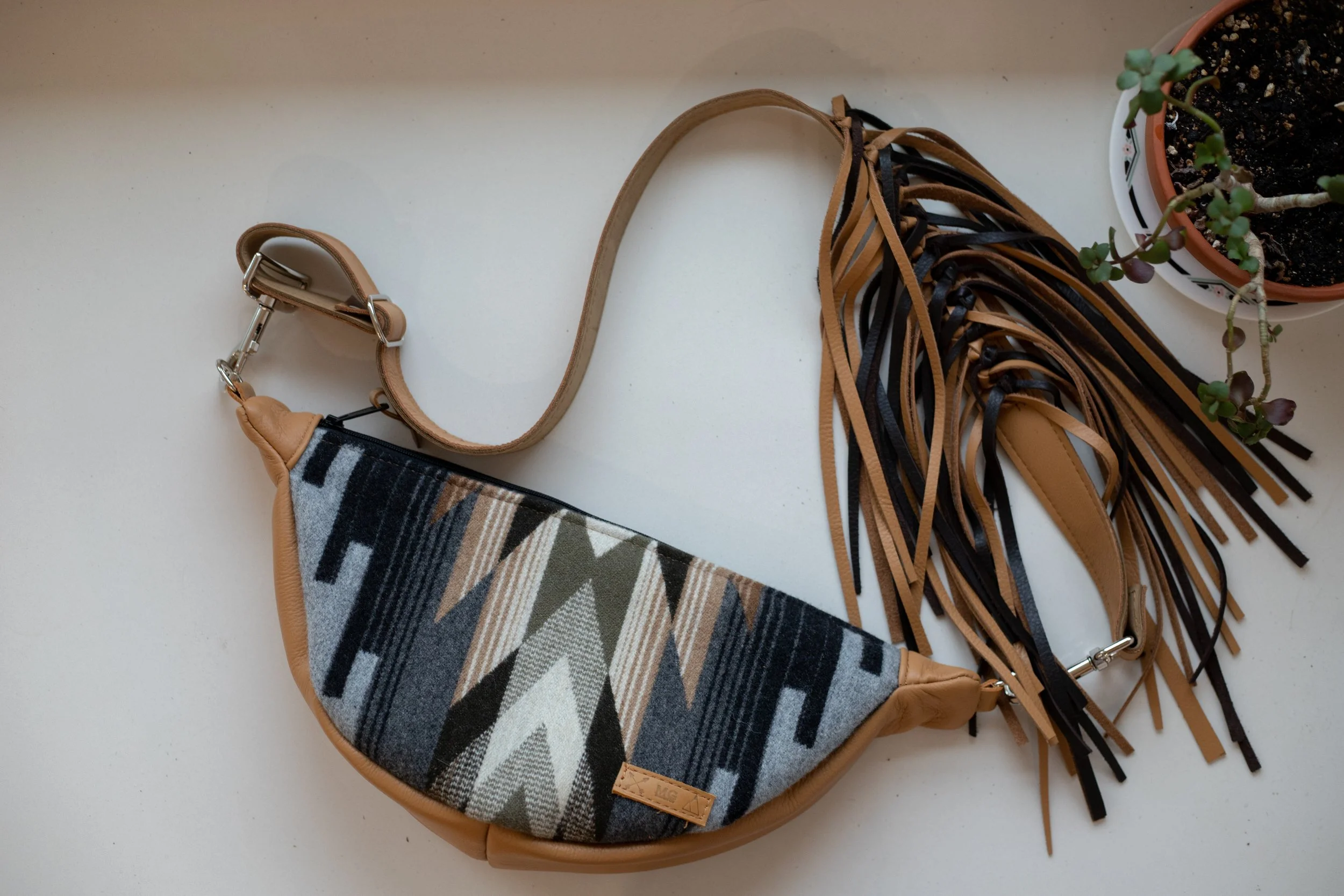 AVAILABLE - Slouchy Sling Bag in Buffalo Pendleton Wool with Fringe Strap