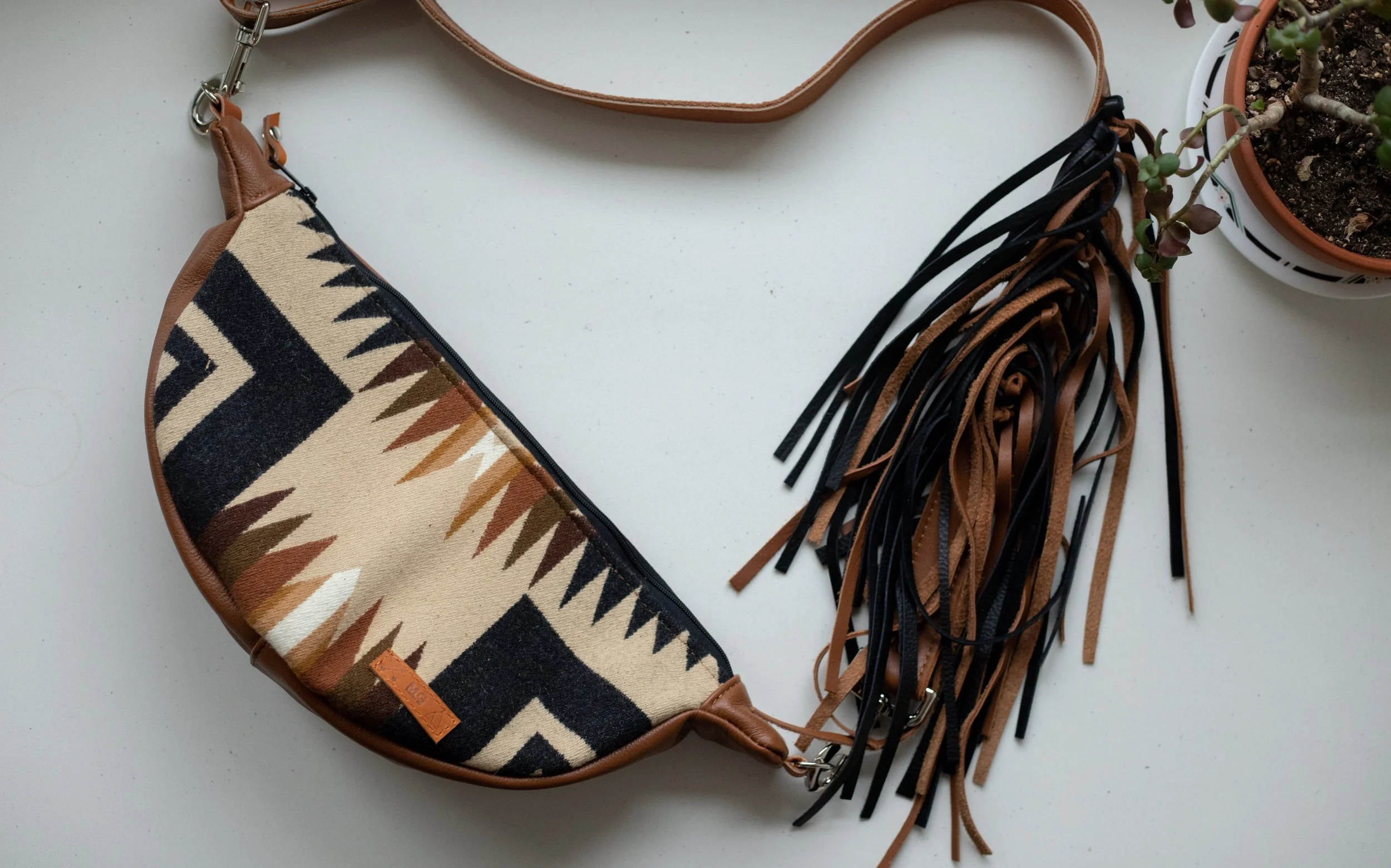 AVAILABLE - Slouchy Sling Bag in Oxford Harding Pendleton Wool with Fringe Strap