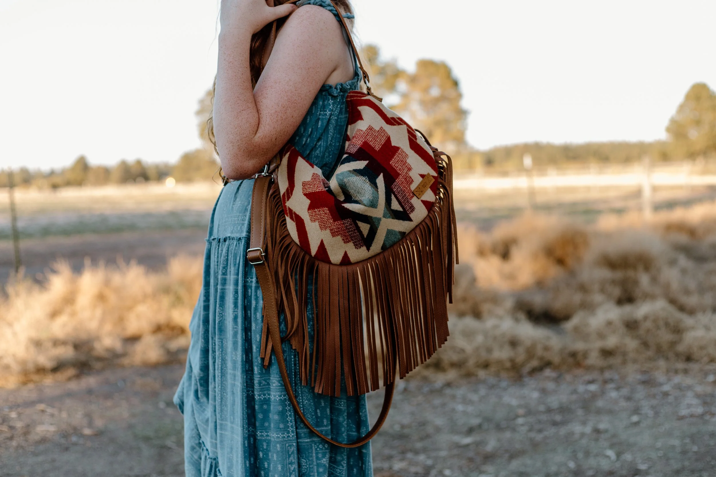 Americana Shoulder Bag in Sillwater Tan Pendleton Wool with Oak Tan Leather Fringe