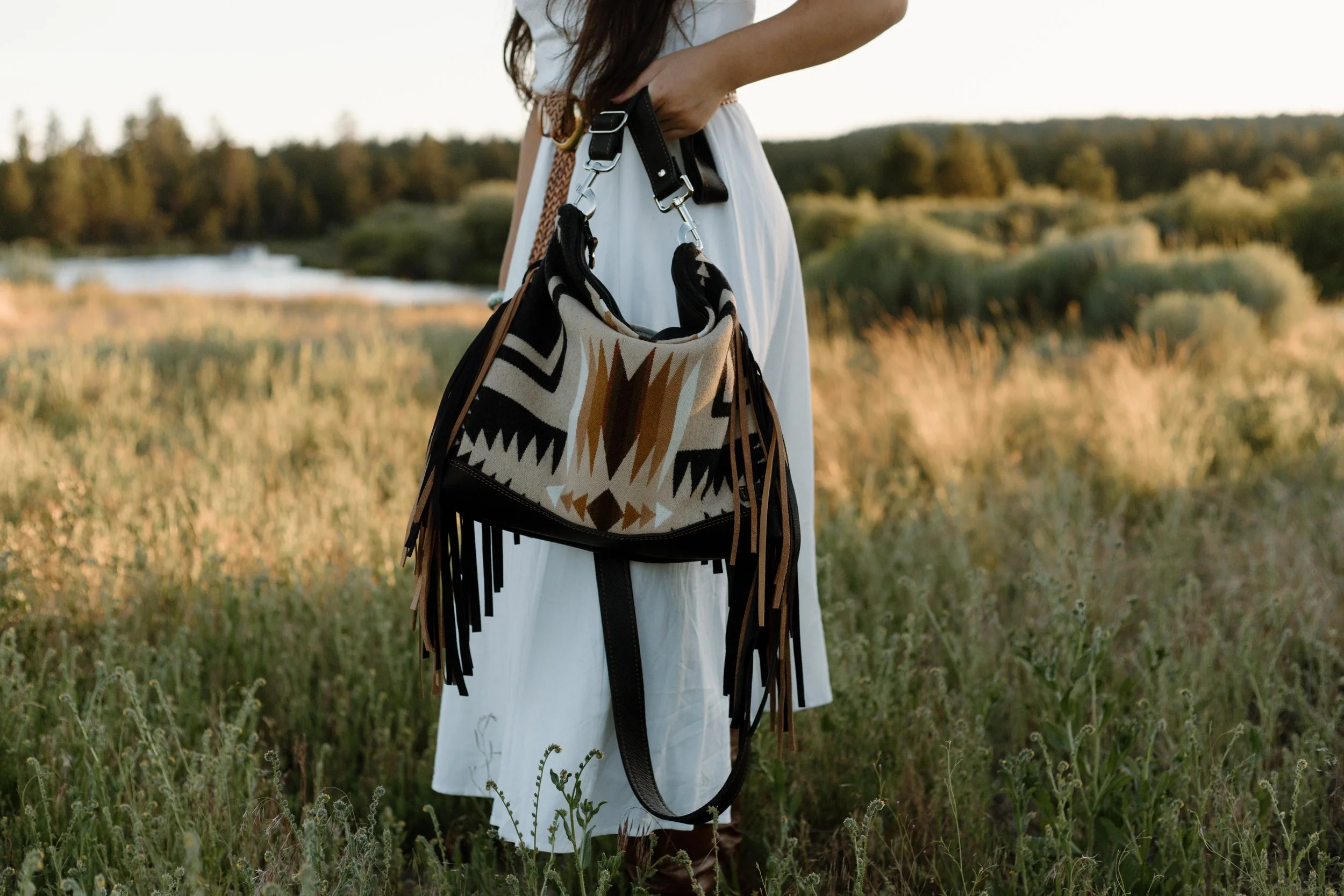 XL Slouchy Fringe Bag in Oxford Harding Pendleton Wool with Black and Caramel Leather