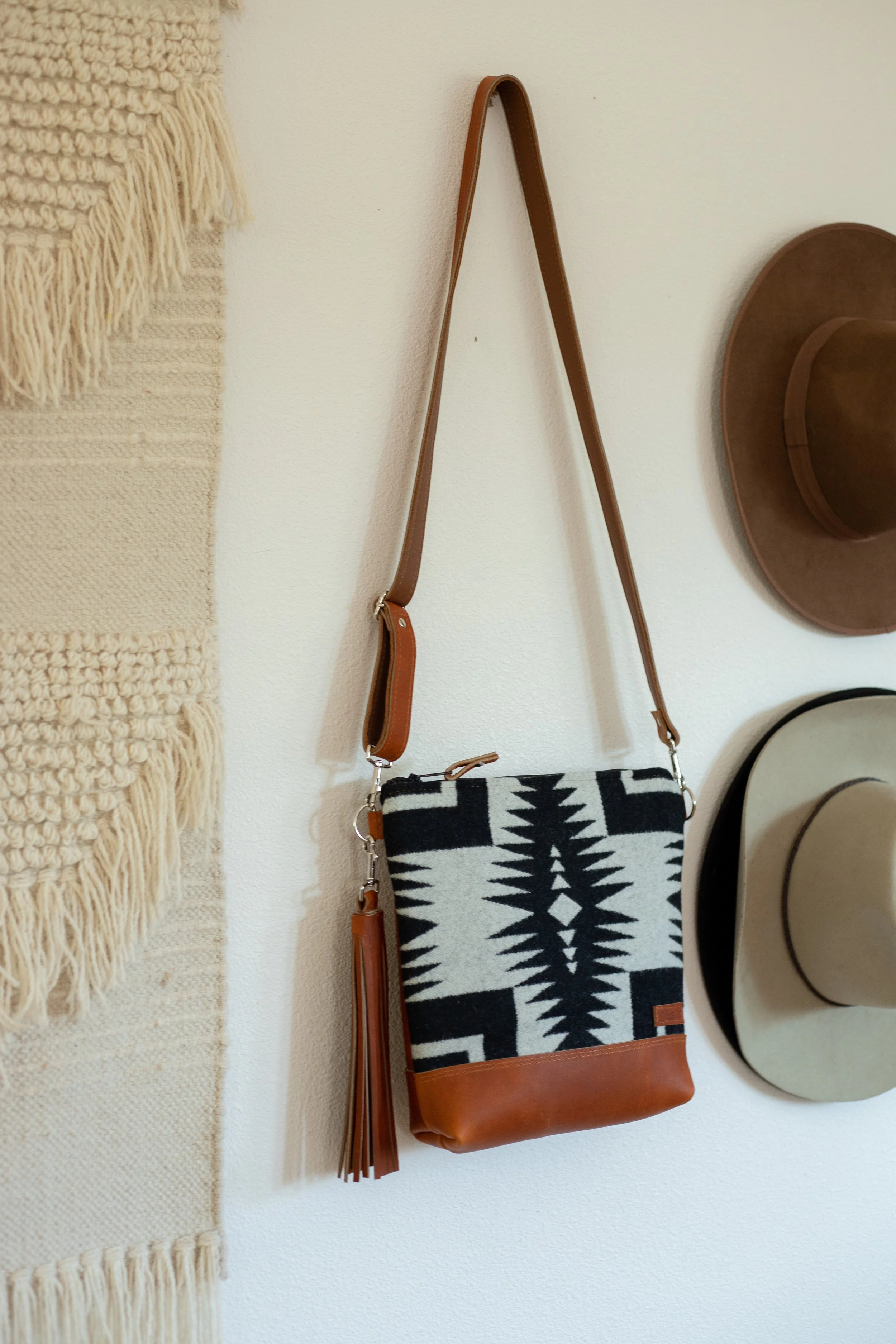 RESERVED CUSTOM BAG - Stef - Leather Bottom Crossbody in Walking Rock Pendleton + Cognac Leather
