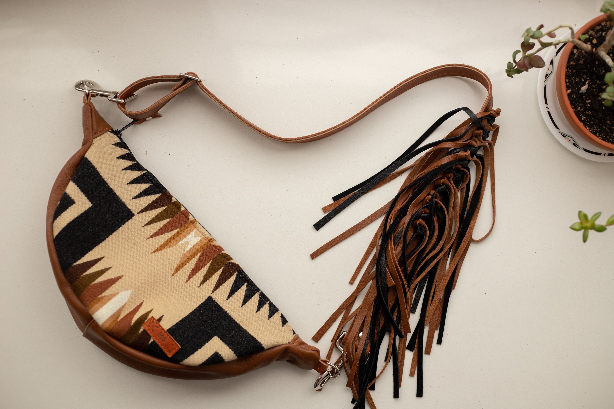 AVAILABLE - Slouchy Sling Bag in Oxford Harding Pendleton Wool with Fringe Strap