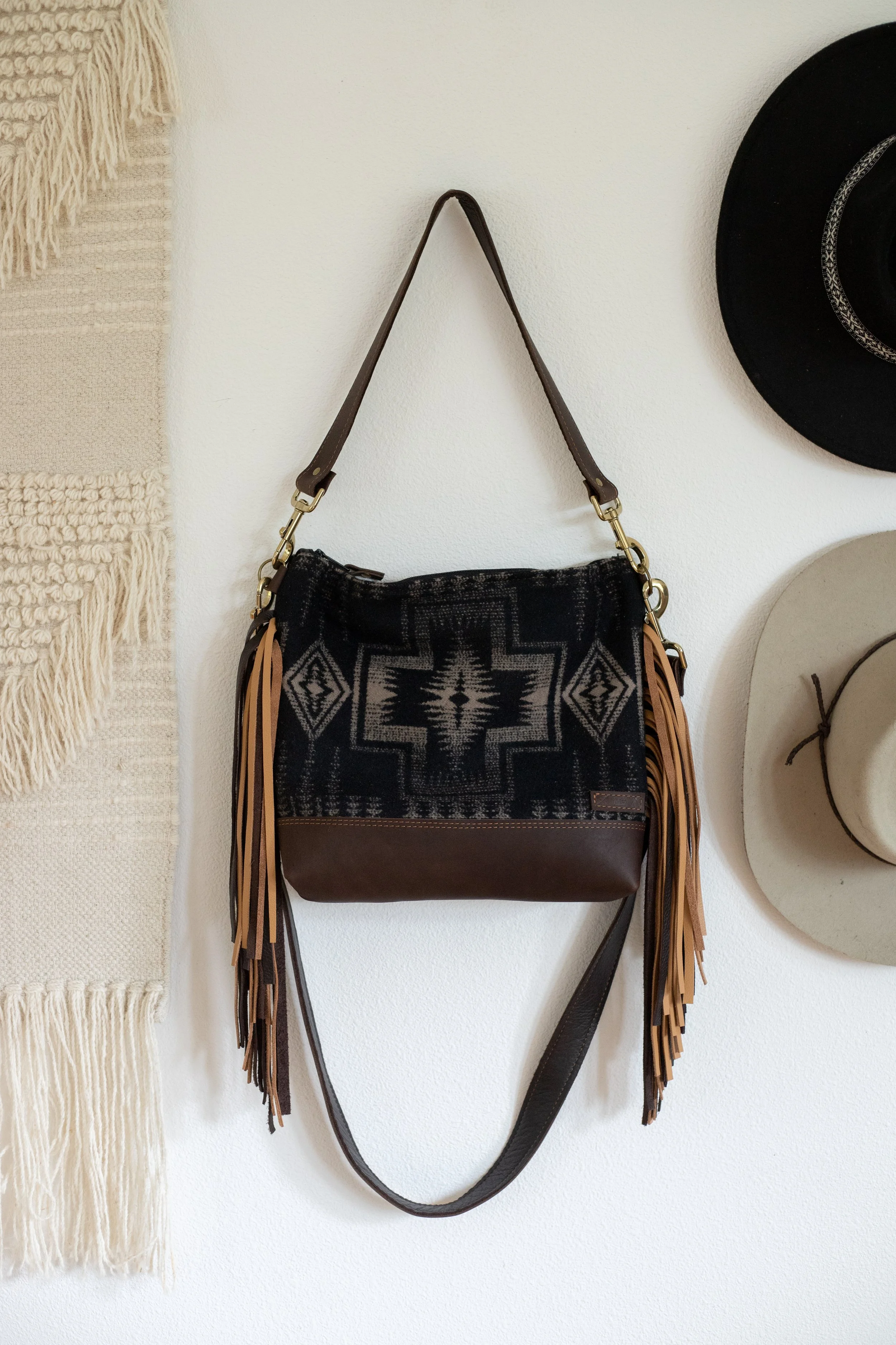 Slouchy Leather Bottom Fringe Purse in Black Harding Pendleton Wool and Black Leather